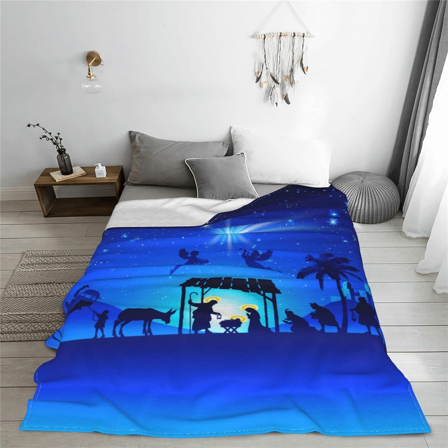 Christmas Nativity Scene Throw Blanket for Bed Sofa Couch Fleece Blankets Lightweight Soft Cozy 50"x40"