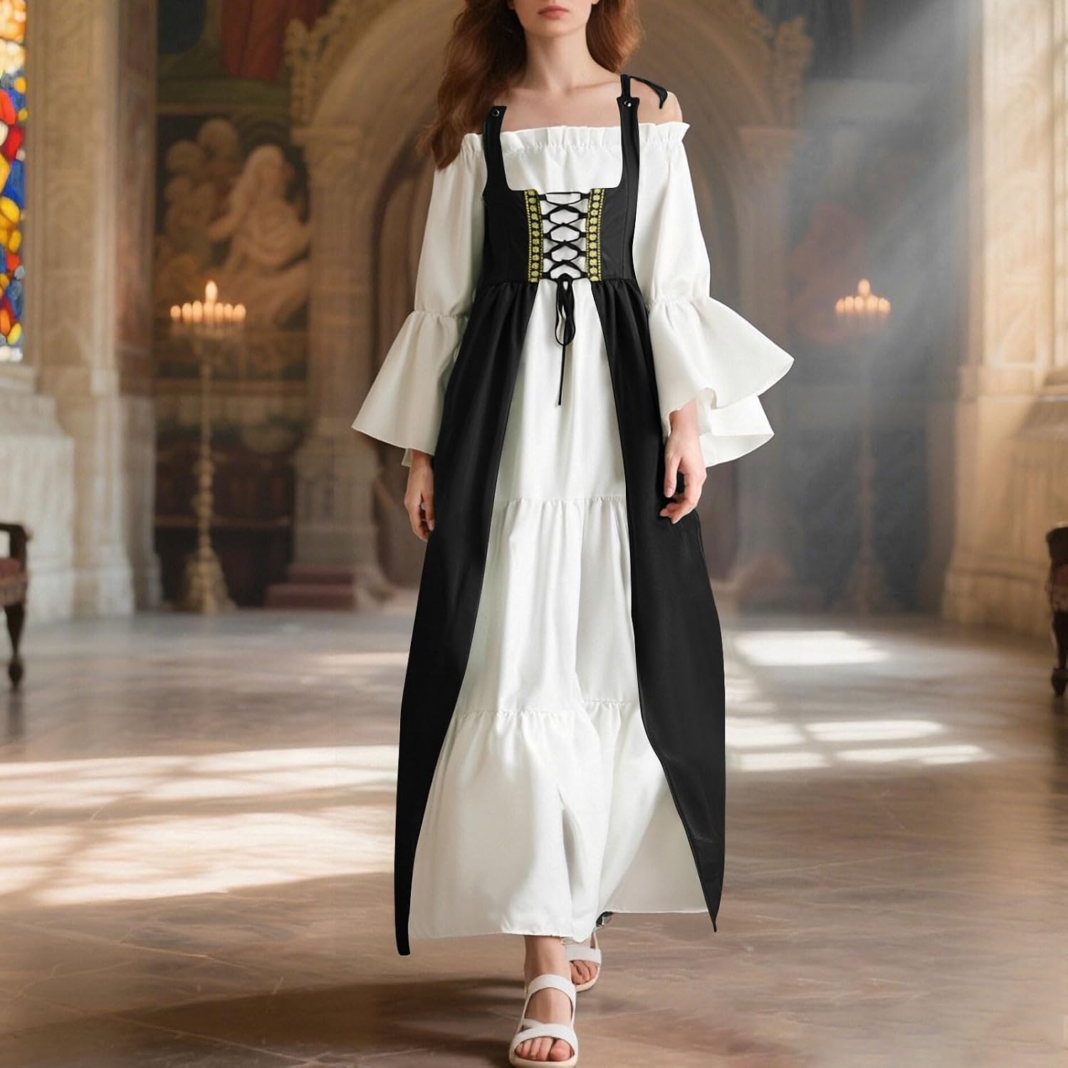 Women Renaissance Dress Peasant Medieval Dress Halloween Trumpet Sleeve Maxi Dresses Pirate Irish Ren Faire Dresses