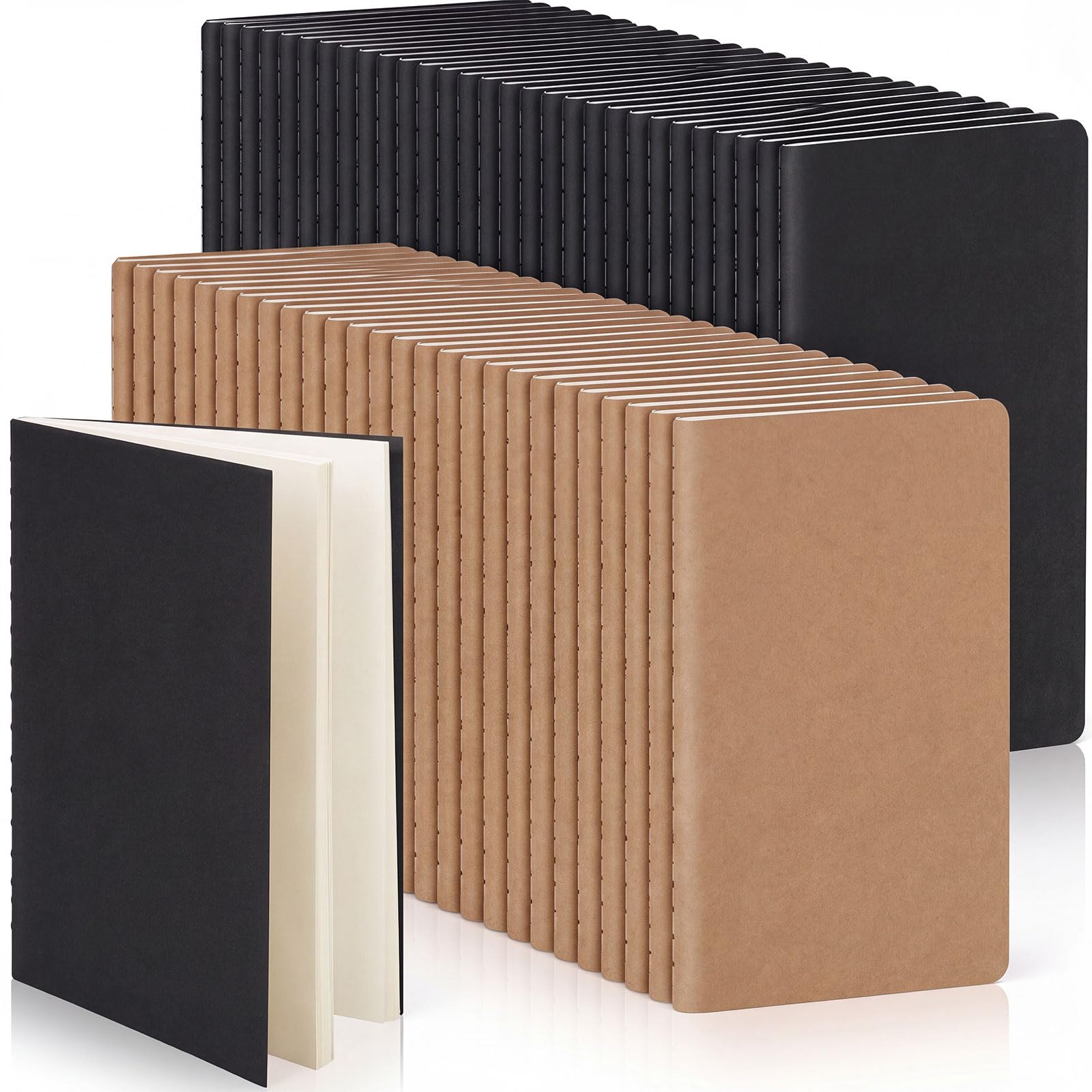 Sepamoon 150 Pack Kraft Notebook Journals 5.82 Inch x 4.13 Inch A6 Softcover Notebooks Bulk for Kids Student Writing Sketch Travel Journal Office Notepad with 48 Page 24 Sheet(Black,Brown,Unlined)