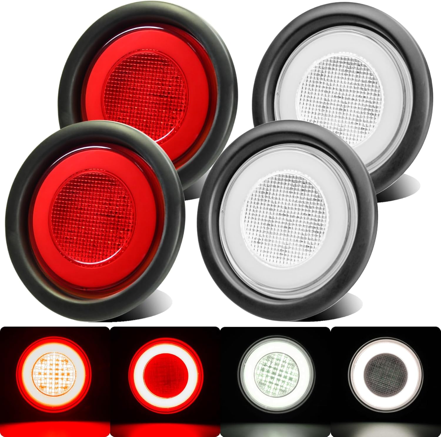 2pcs 4 inch Round Red 64 LEDs Trailer Trucks Halo Brake Stop Running Turn Signal Tail Lights【PatentPending】 w/Rubber Grommet Sealed Waterproof IP67 For RV/Van, DC 12V