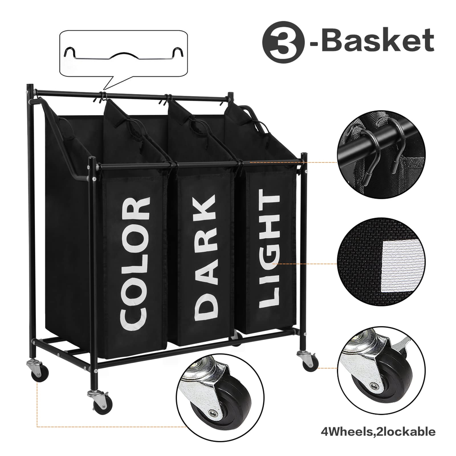 Mondeer Carrello Porta Biancheria con 3 Sacchi Rimovibili, Ceste per Bucato con Rotelle Universali, capacità Totale di 135 Litri,3x45L & 4x45L (Nero 01)
