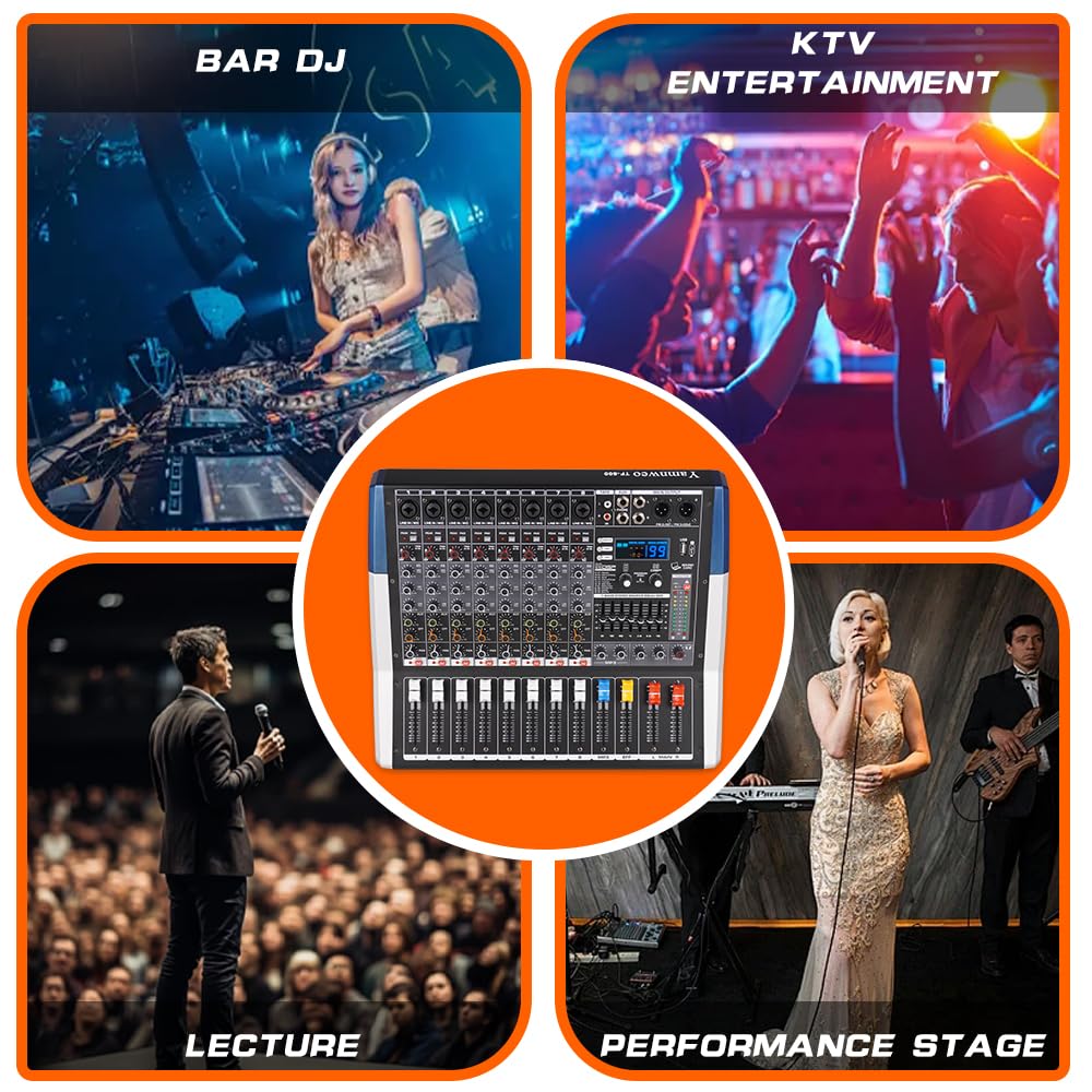 8-kanałowy mikser DJ ze wzmacniaczem – moc wyjściowa 650 W + 650 W, 99 efektów, nagrywanie / odtwarzanie USB, 7-pasmowy korektor, duży wyświetlacz widma, mikser audio, do występów na żywo/KTV
