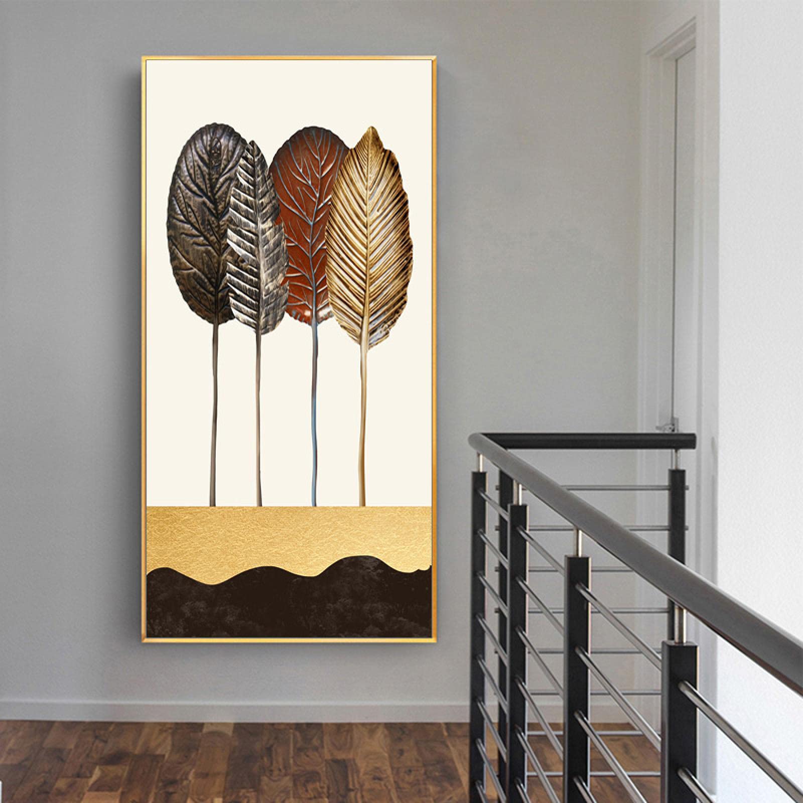 Impresiones en lienzo Carteles de hojas doradas Imágenes artísticas de pared para sala de estar Decoraciones de interior Hogar moderno Pintura de pared nórdica Marco interior de 80x160 cm
