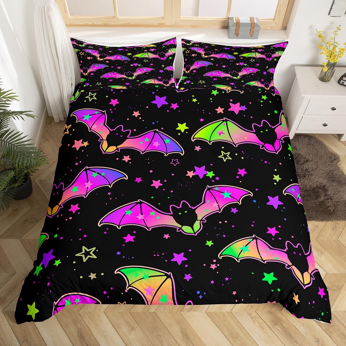 Homemissing Bat Duvet Cover Set Halloween Trippy Bedding Set for Kids Boys Girls Star Print Comforter Cover Set Microfiber Pink Black Ombre Bedspread Cover Bedroom Bedclothes Super King