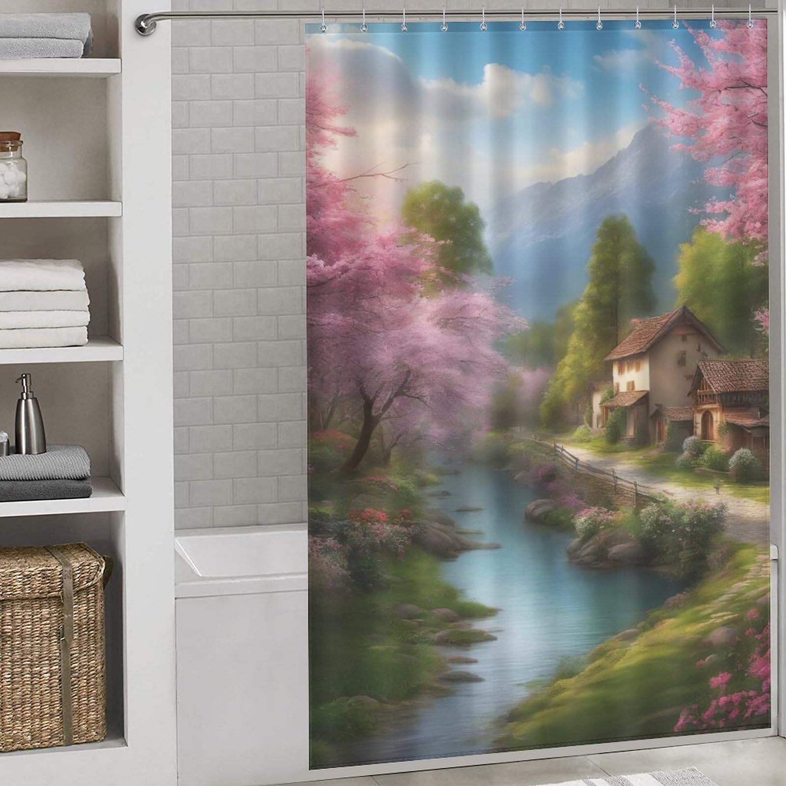 Rideau de douche tissu paysage anti-clabotage, rideau de bain sans fuite