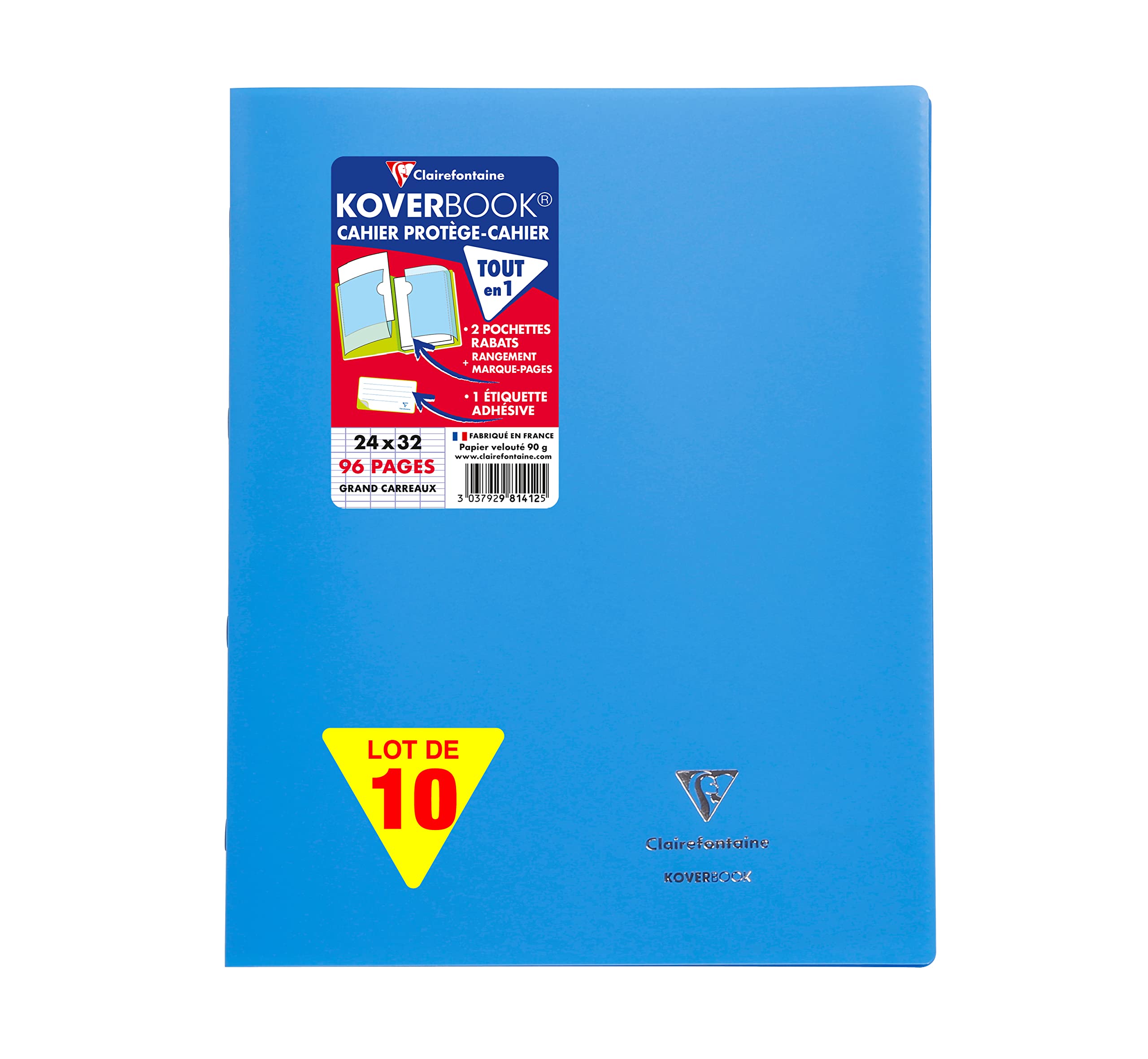 Clairefontaine 981412Cpack Un Lot de 10 Cahiers Agrafés Koverbook Bleus Turquoise - 24x32 cm - 96 Pages Grands Carreaux - Papier Blanc 90 g - Couverture Opaque Polypro Recyclé