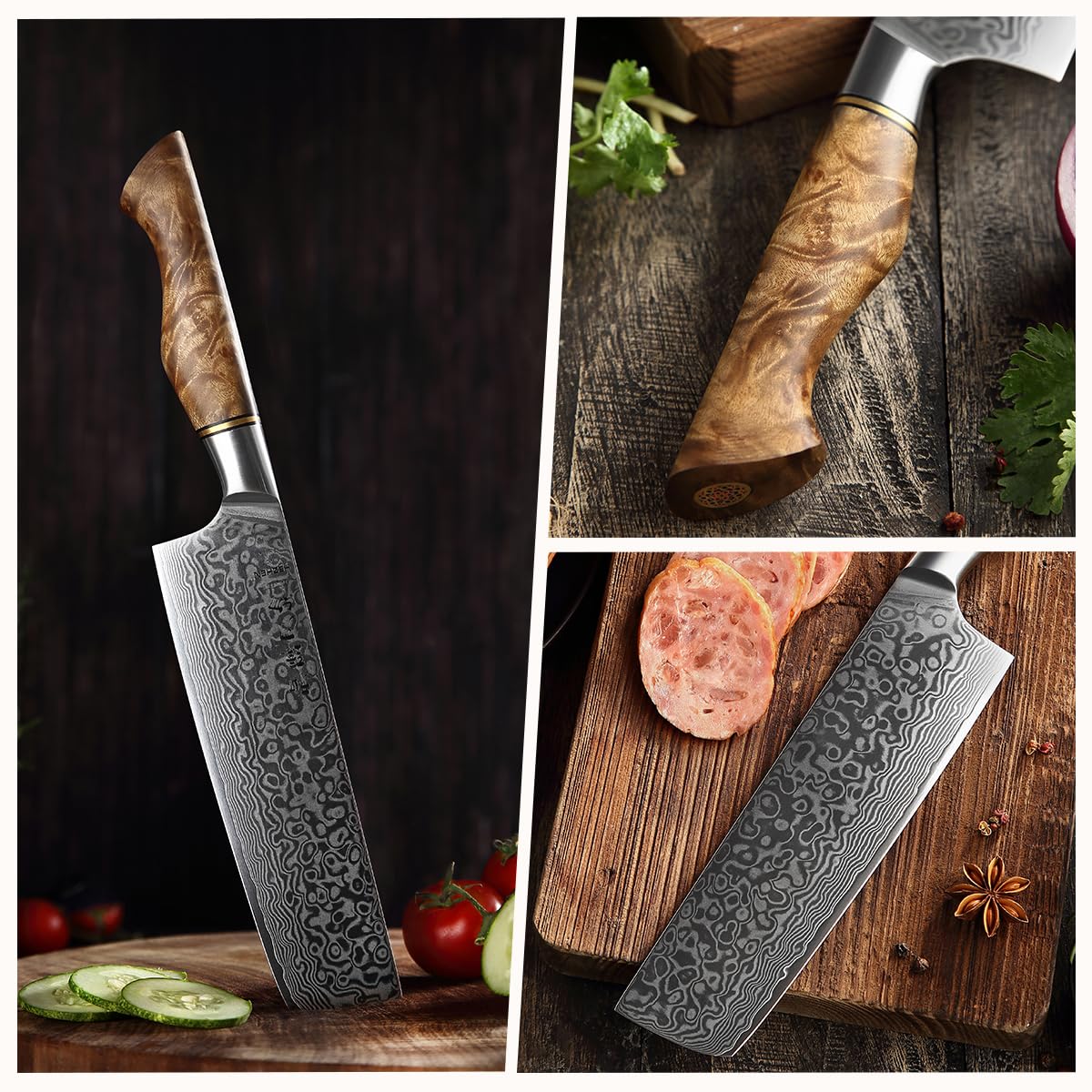 HEZHEN Coltello Nakiri in Acciaio Damasco 18CM, Coltello da Cucina Giapponese Coltello da Mannaia, Coltello da Cuoco Damasco Coltello Santoku