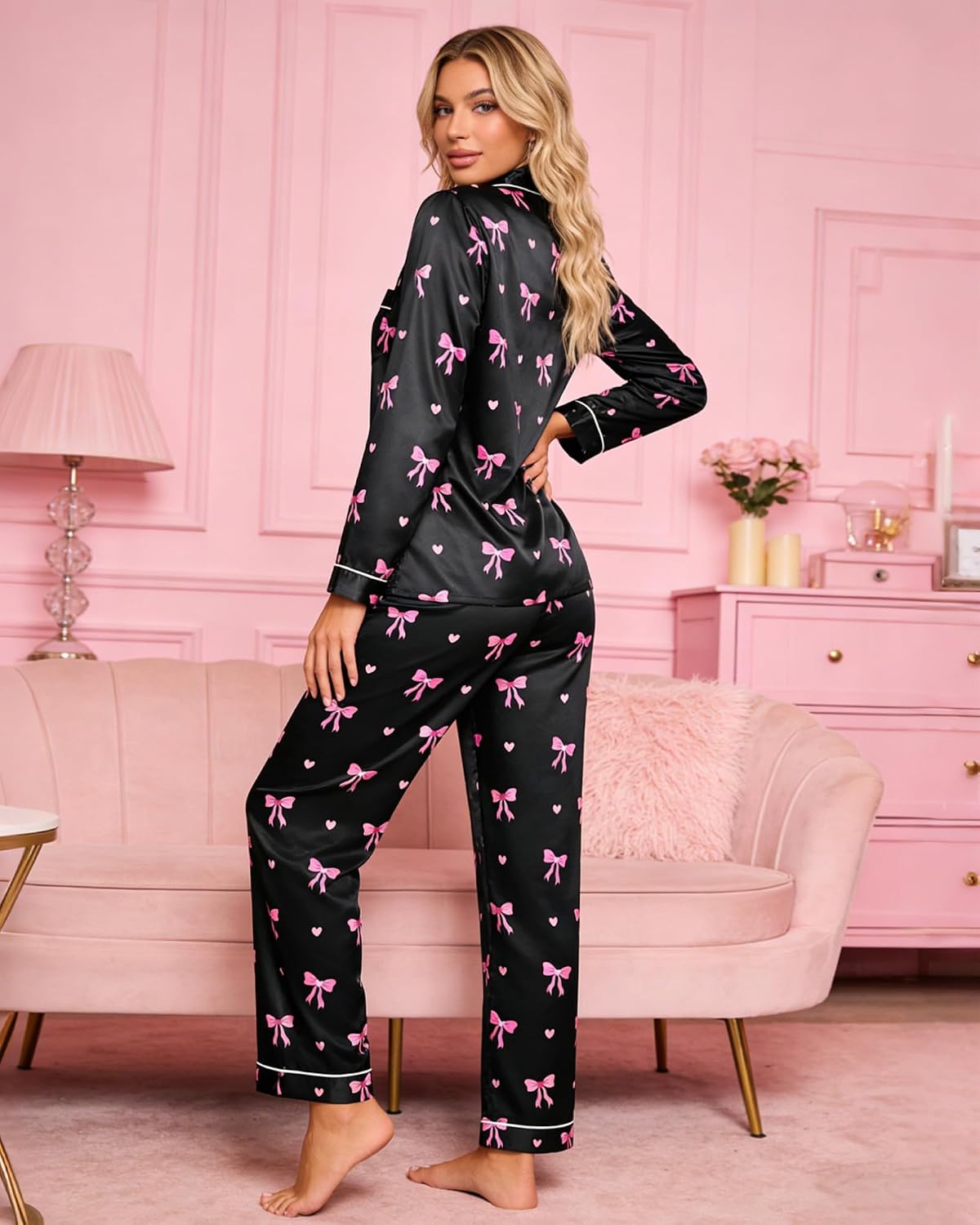 Silk Satin Pajamas Set for Women Long Sleeve Nightwear Button Down 2 Piece Pjs Sets Womens Silky Loungewear