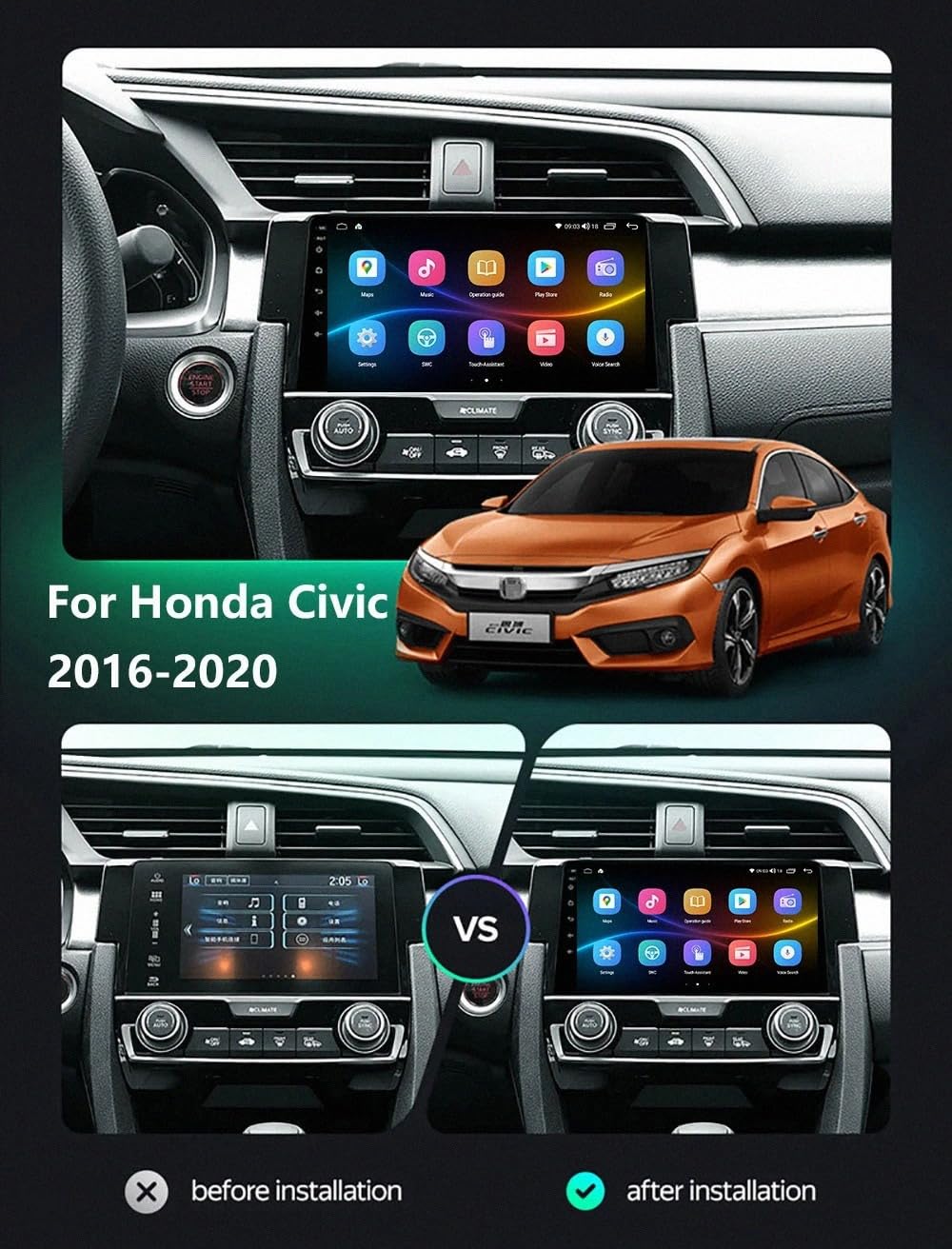 Touchscreen Auto Radio per Honda Civic 2016-2020 Wireless Carplay Android Auto Stereo Bluetooth Ips con Pantalla Táctil con Gps Navigatore/Swc/Mirror, 4 Nucleo 1G+32G