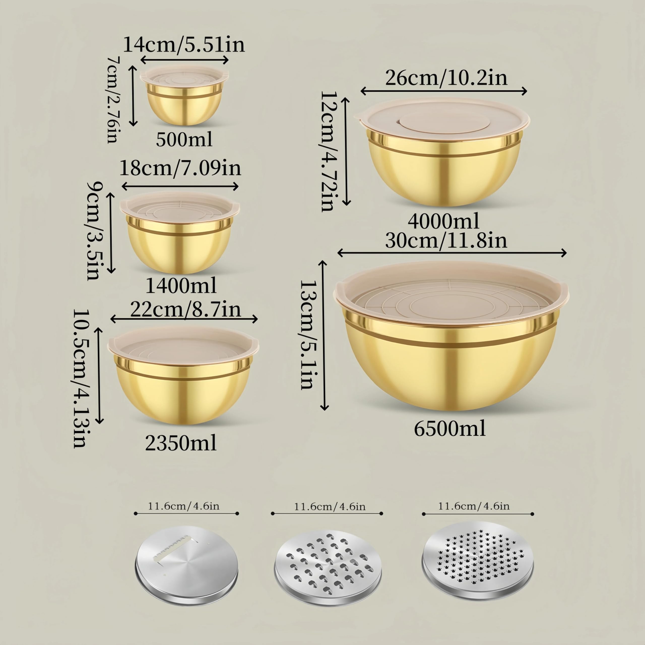 Tazón Para Mezclar Juego de tazones for mezclar acero inoxidable dorado | 10 piezas con sacapuntas de tapa for hornear ensalada de cocción