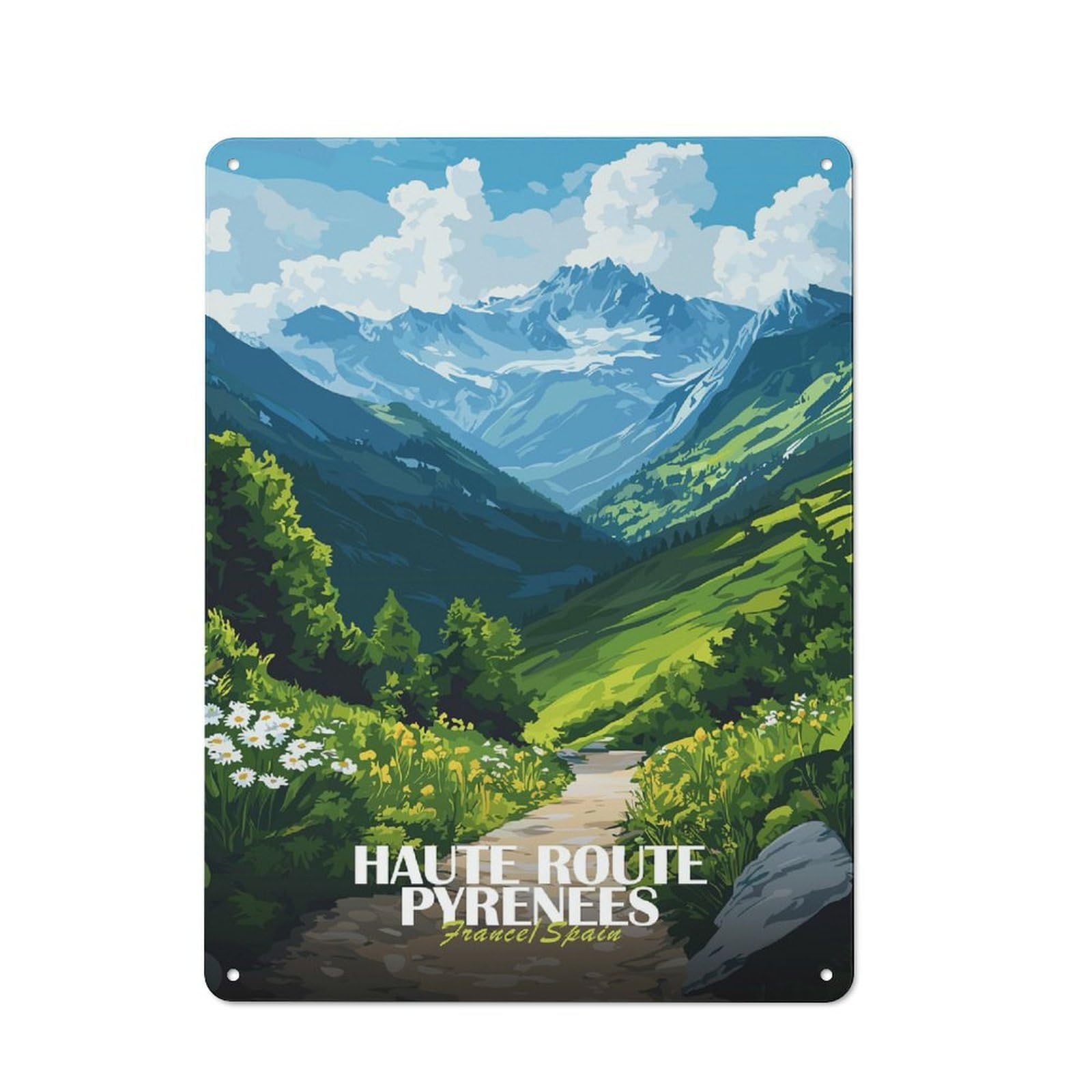 Junmoney Style-9 Decorative Tin Plaque With Haute Route Pyrenees Landscape Illustration Design 40X30cm, Decorative Novelty Wall Art For Bedroom, Kitchen, Office Or Living Room