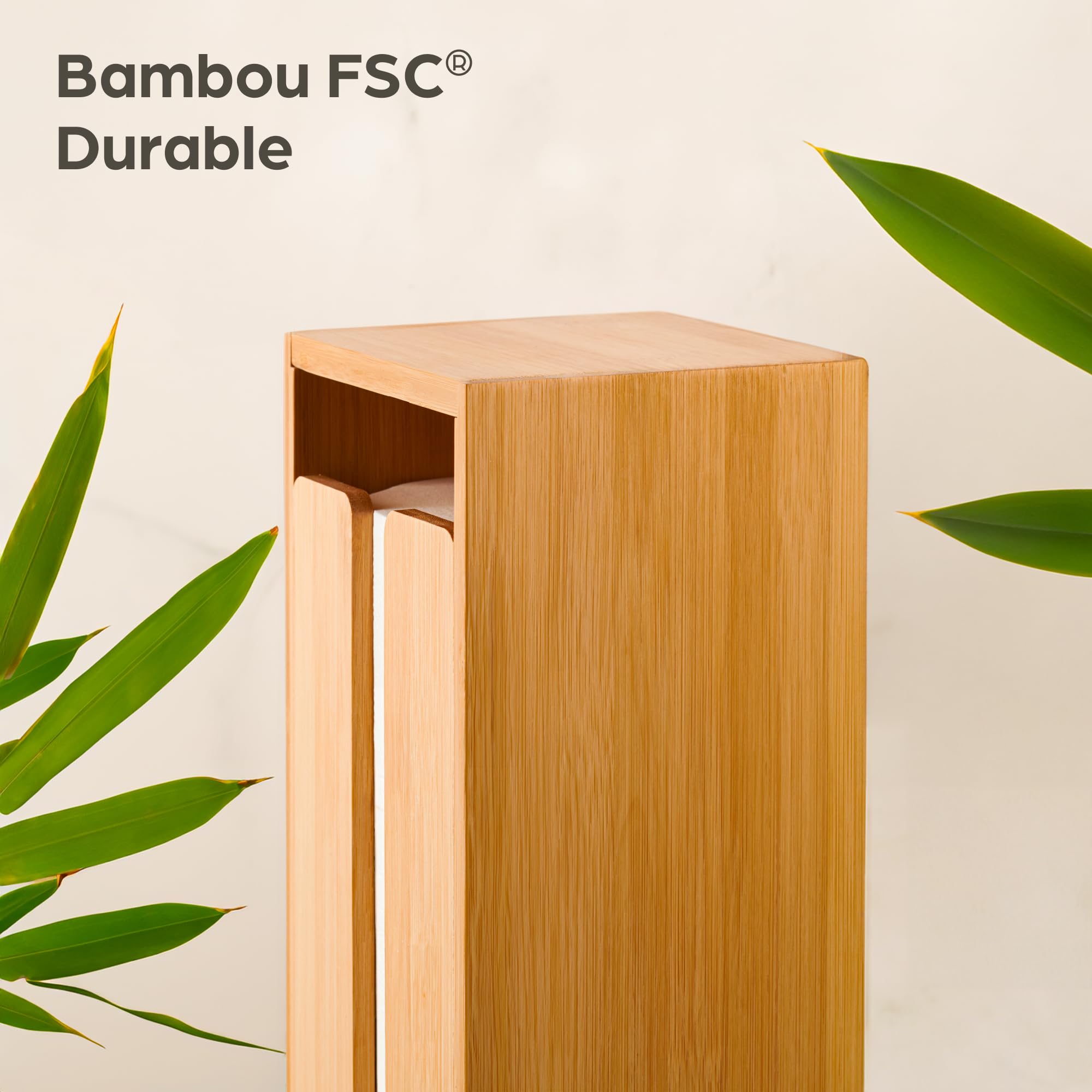 Praknu Porte Papier Toilette sur Pied Bois - Rangement Papier Toilette Bambou FSC avec Couvercle Magnétique pour 4 Rouleaux - Peu Encombrant - Antidérapant