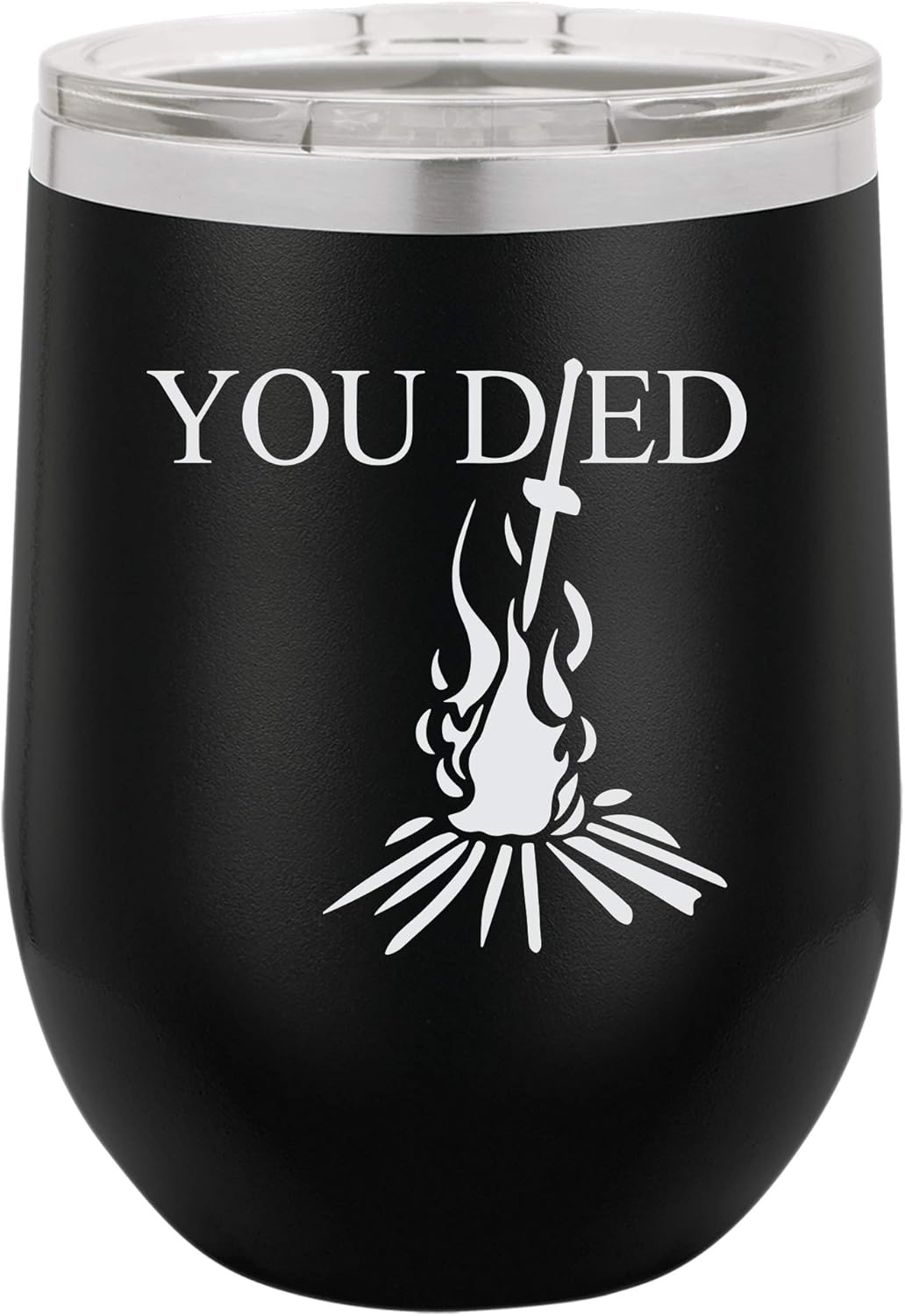 "You Died" Video Game Souls of the Dark Bonfire Design Engraved Insulated Stainless Steel Wine Tumbler, 12 Oz., Maroon