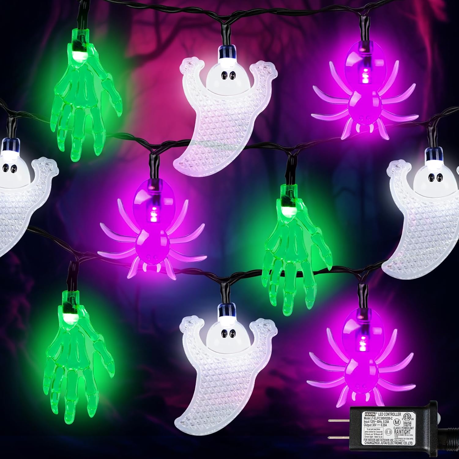 70 LED Halloween String Lights - 23ft Spider Ghost Skeleton Hand String ...