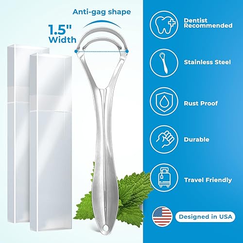 Miniatura 3 de BASIC CONCEPTS Rascador de lengua paquete de 2 doble cabezal de raspado reduce el mal aliento estuches de viaje incluidos limpiadores de lengua de