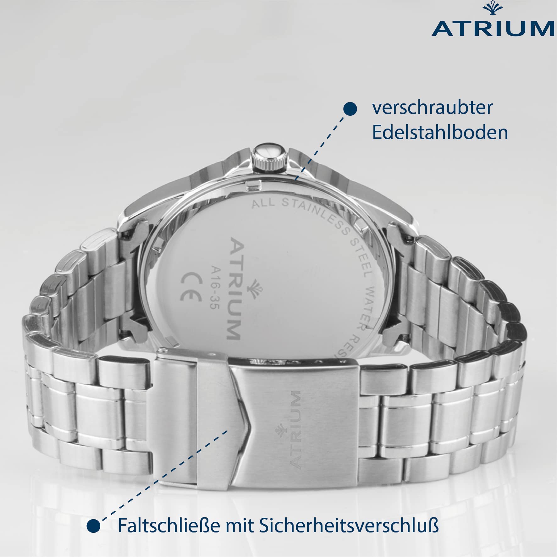 Atrium Herren-Armbanduhr Edelstahl Analog Quarz 10 bar mit Datum, Leuchtzeiger, sehr deutliches Zifferblatt Dunkelblau und Stahlband silberfarben A16-35