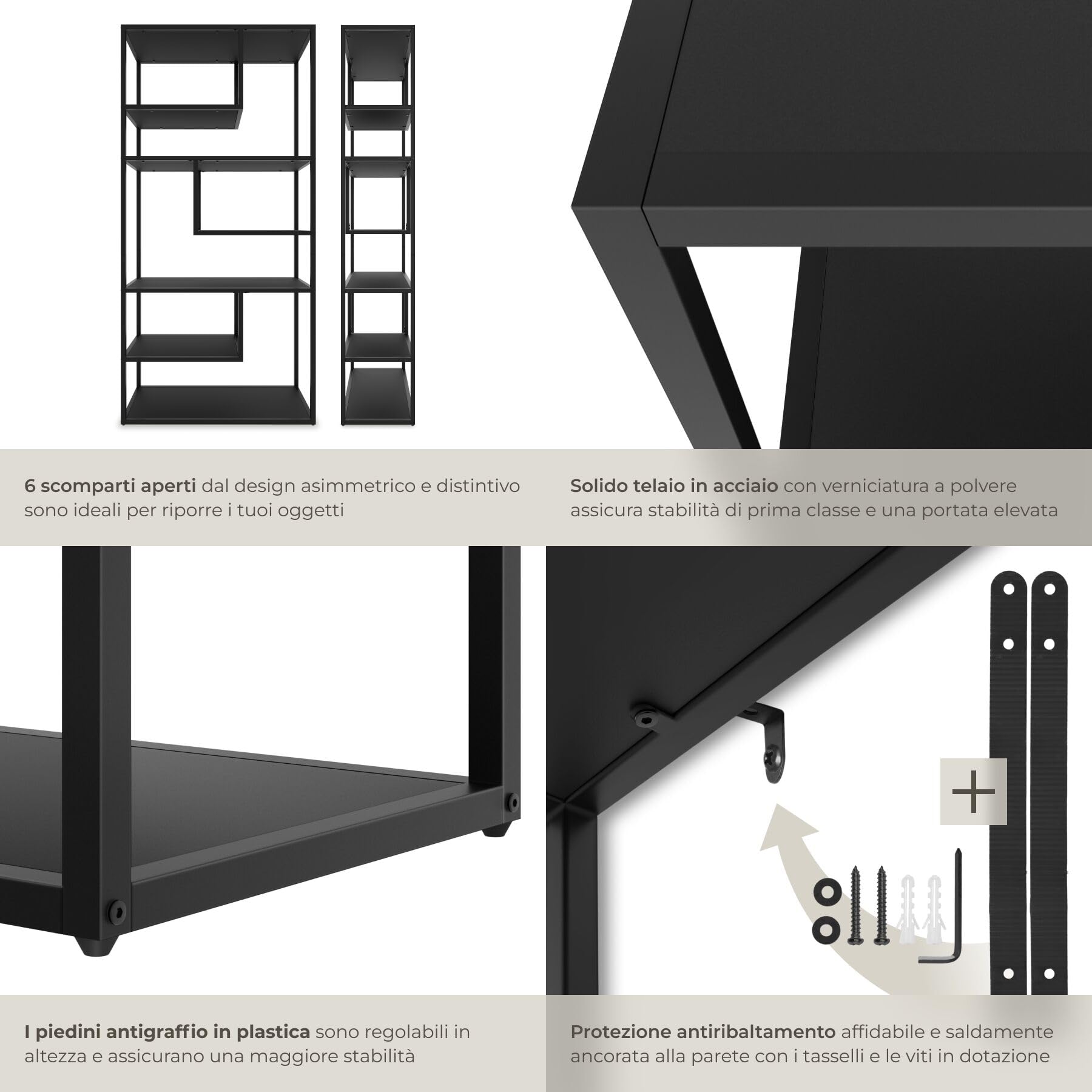 tectake® Scaffale Autoportante con 6 Scomparti, Libreria Scaffale con Ripiani in Metallo e Legno, Libreria Moderna, Libreria Industriale per Casa, Ufficio, Cucina, Garage, 85x35x188 cm - Nero