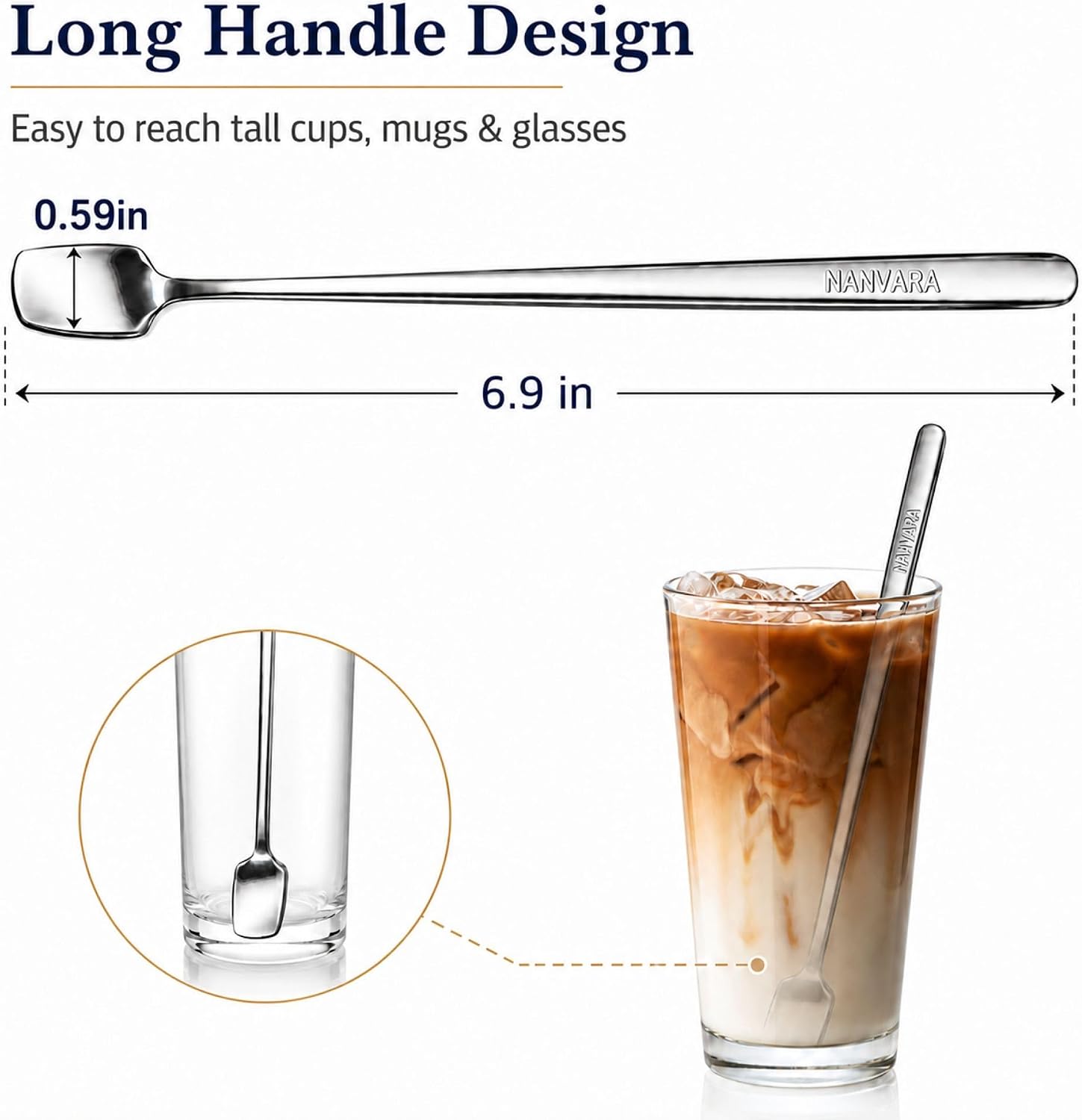 Coffee Stirrers Set of 5 Coffee Spoons 6.9 Inch 304 Stainless Steel Long Handle Stir Sticks Square Head spoons for Iced Coffee Tea Espresso Dessert