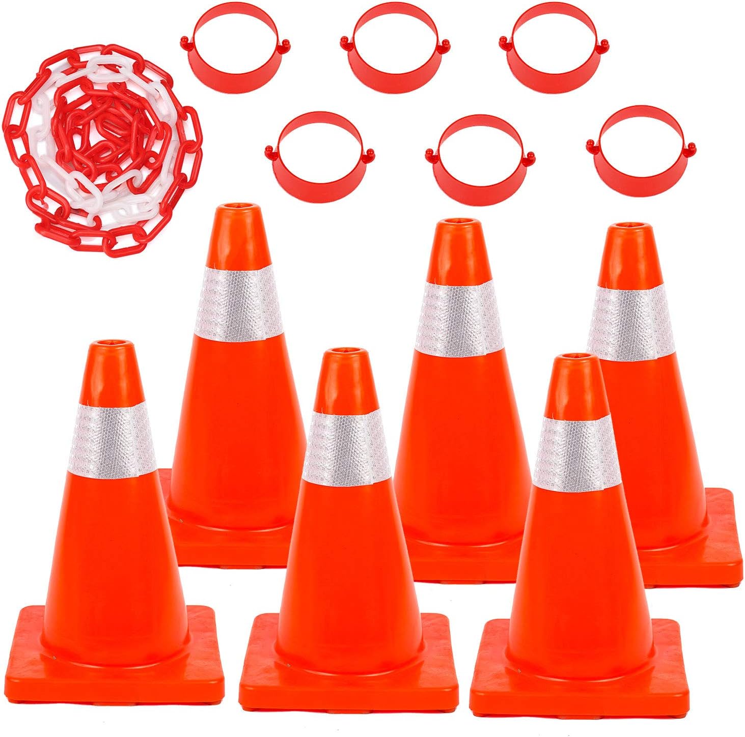 BATTIFE 6Pack 18inch Traffic Safety Cones with Reflective Collars PVC Unbreakable Orange Construction Cone with 32 feet Chain and 6pcs Connector Kits for Home Road Driveway Parking
