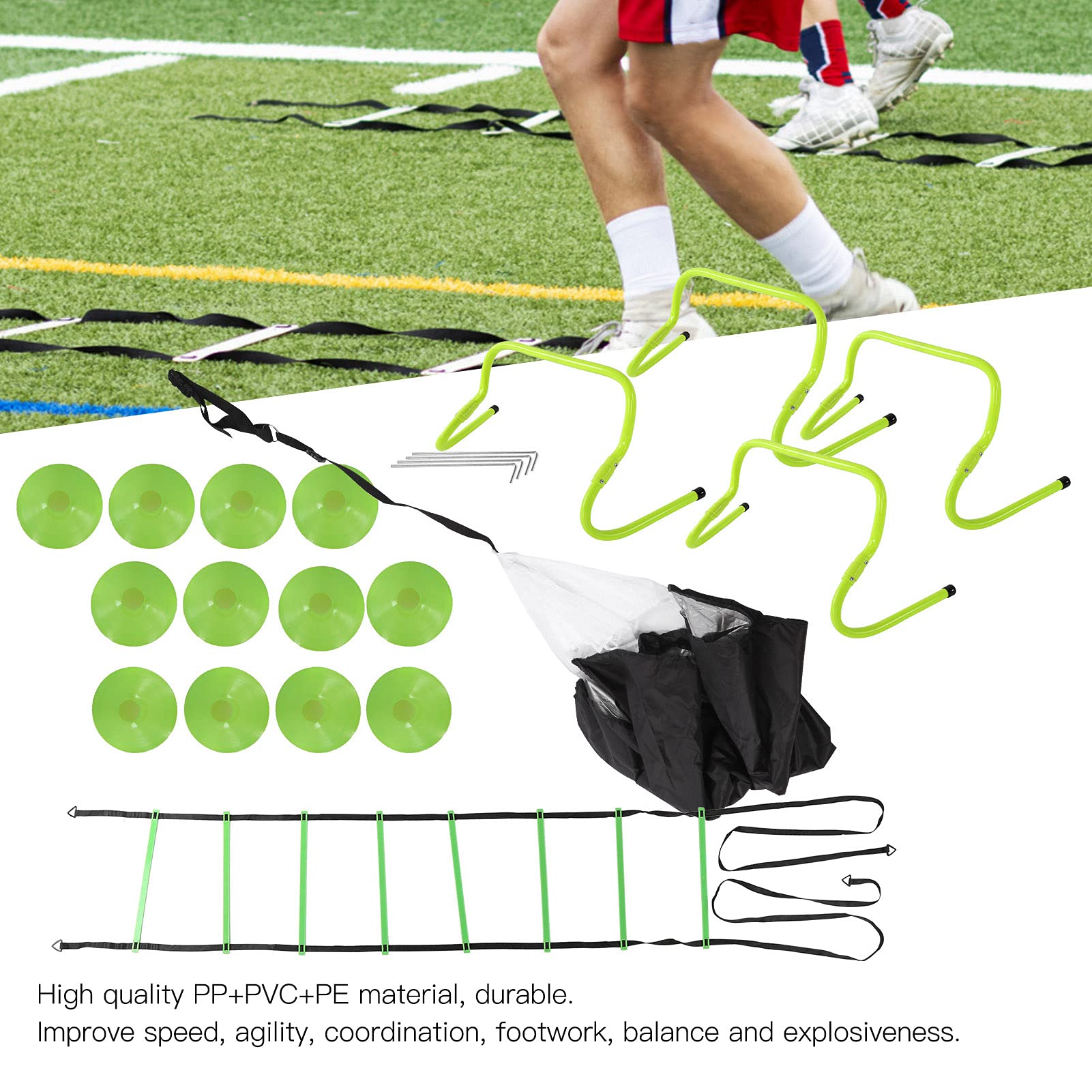 JTLB PP Speed Agility - Escalera de agilidad, 12 conos, 4 obstáculos ajustables, juego de paracaídas