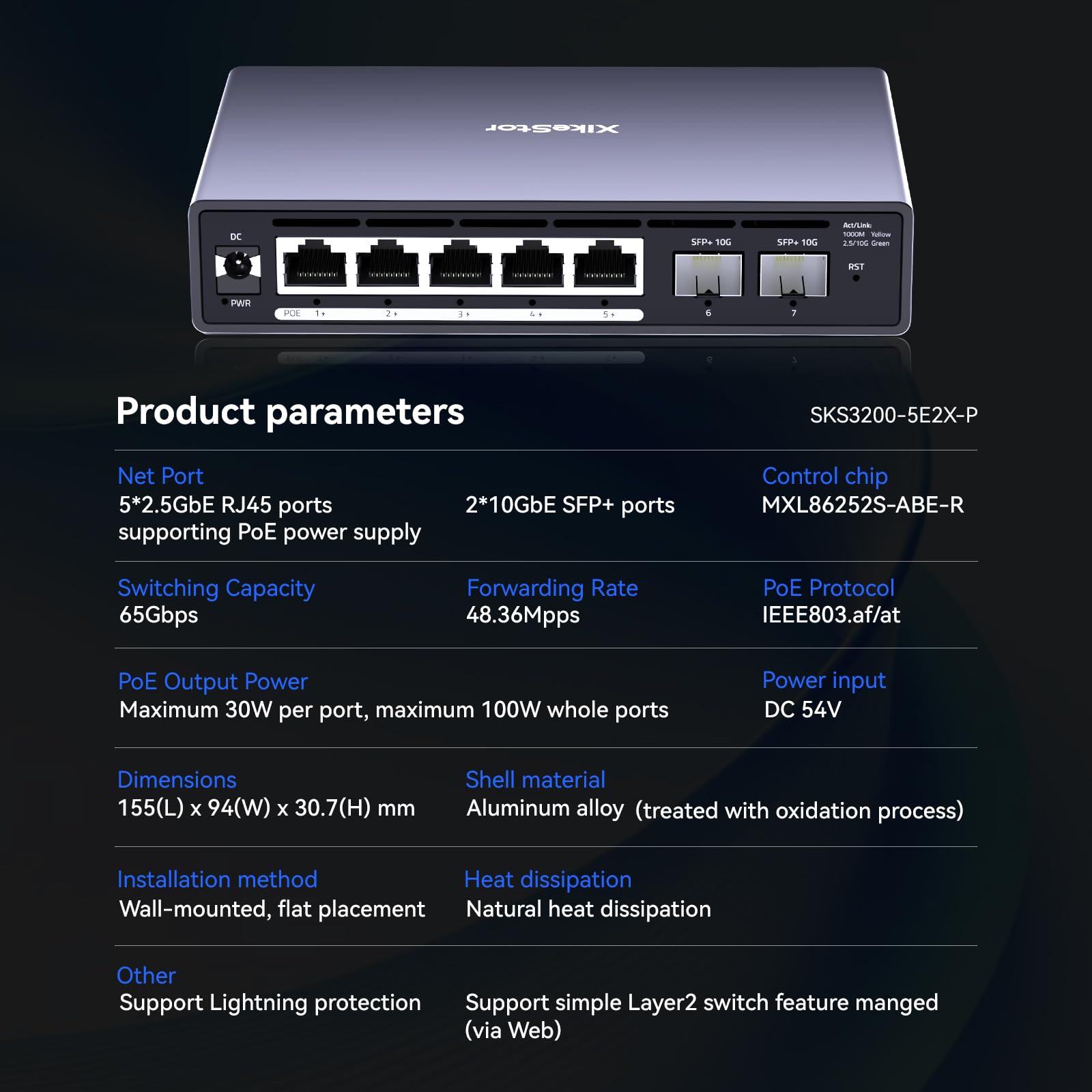 7-Port 2.5G Managed PoE+ Switch 5X 2.5GbE RJ45 PoE+ 2X 10G SFP+ | VLAN/LACP/QoS/STP/IGMP, Web-Managed, Fanless Metallgehäuse für IP Kamera, NAS, WiFi 6/7 AP