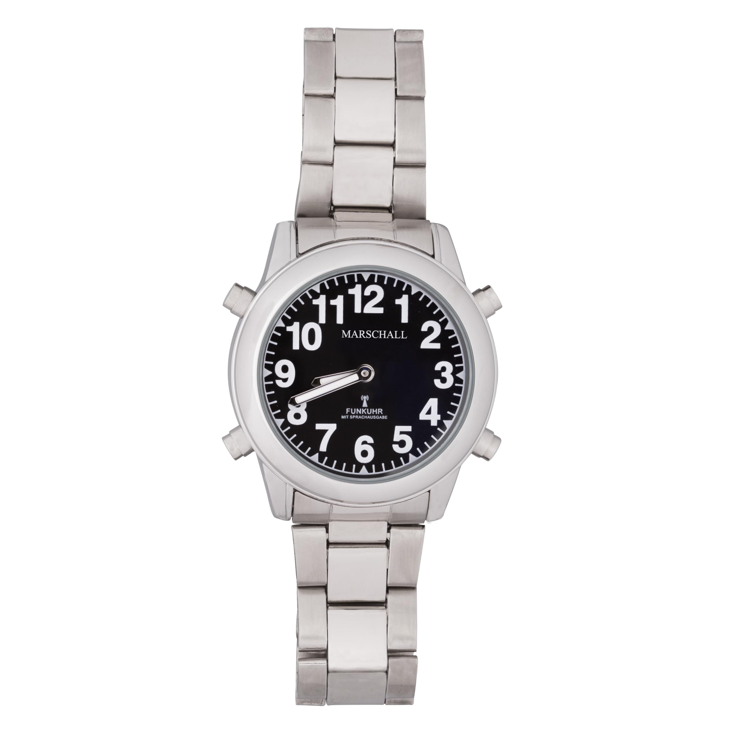 Marschall Deutsch sprechende Damen Armbanduhr I 1138S I Funkarmbanduhr I Für Blinde, Senioren und Sehbehinderte I Datum- und Zeitansage I Extra große Zeiger I Metallgliederarmband