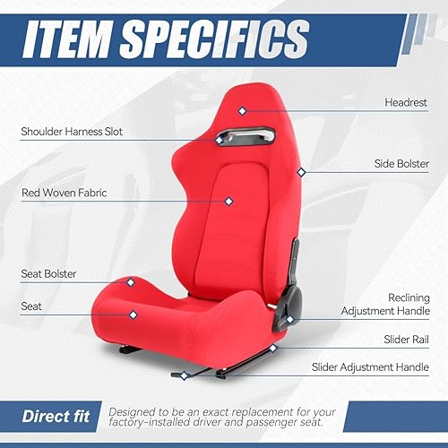Miniatura 2 de Par de asientos de carreras universales reclinables con deslizadores de montaje lateral y soporte para arnés de 4 puntos, 35 pulgadas de alto x 21.5