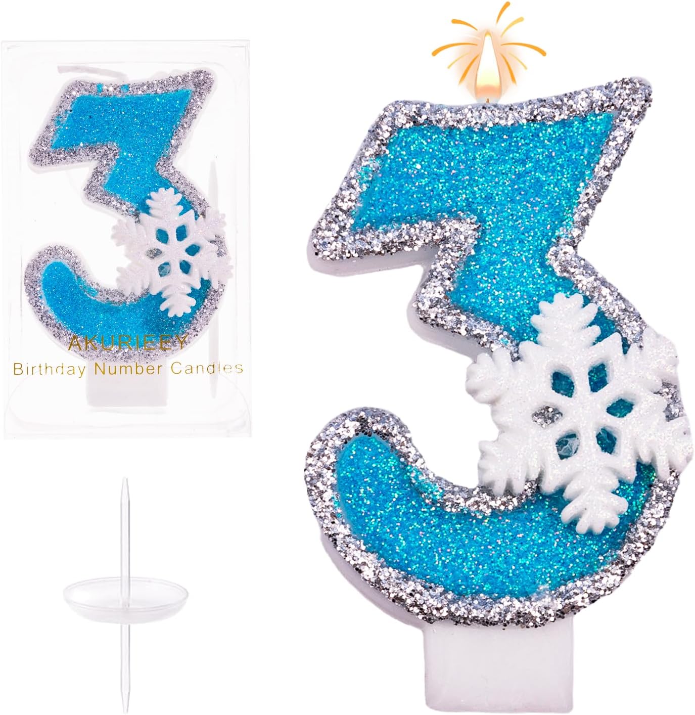 AKURIEEY Blue Snowflake Birthday Candles Frozen Themed Number 3 Candles for Cake Topper Cupcake Decorations Party Decor Anniversary Celebrations Supplies