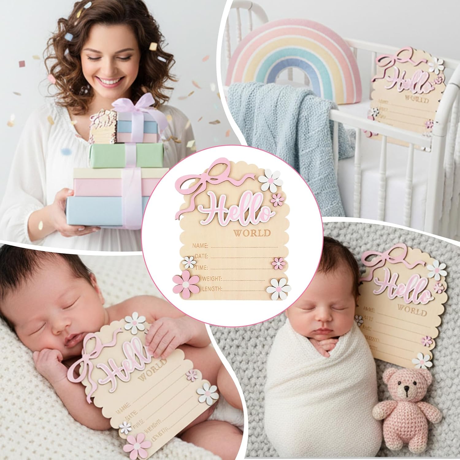 Hello World Newborn Sign Baby Name Sign Bow Birth Announcement Signs for Hospital Baby Welcome for Boys and Girls Photo Props Shower Nursery