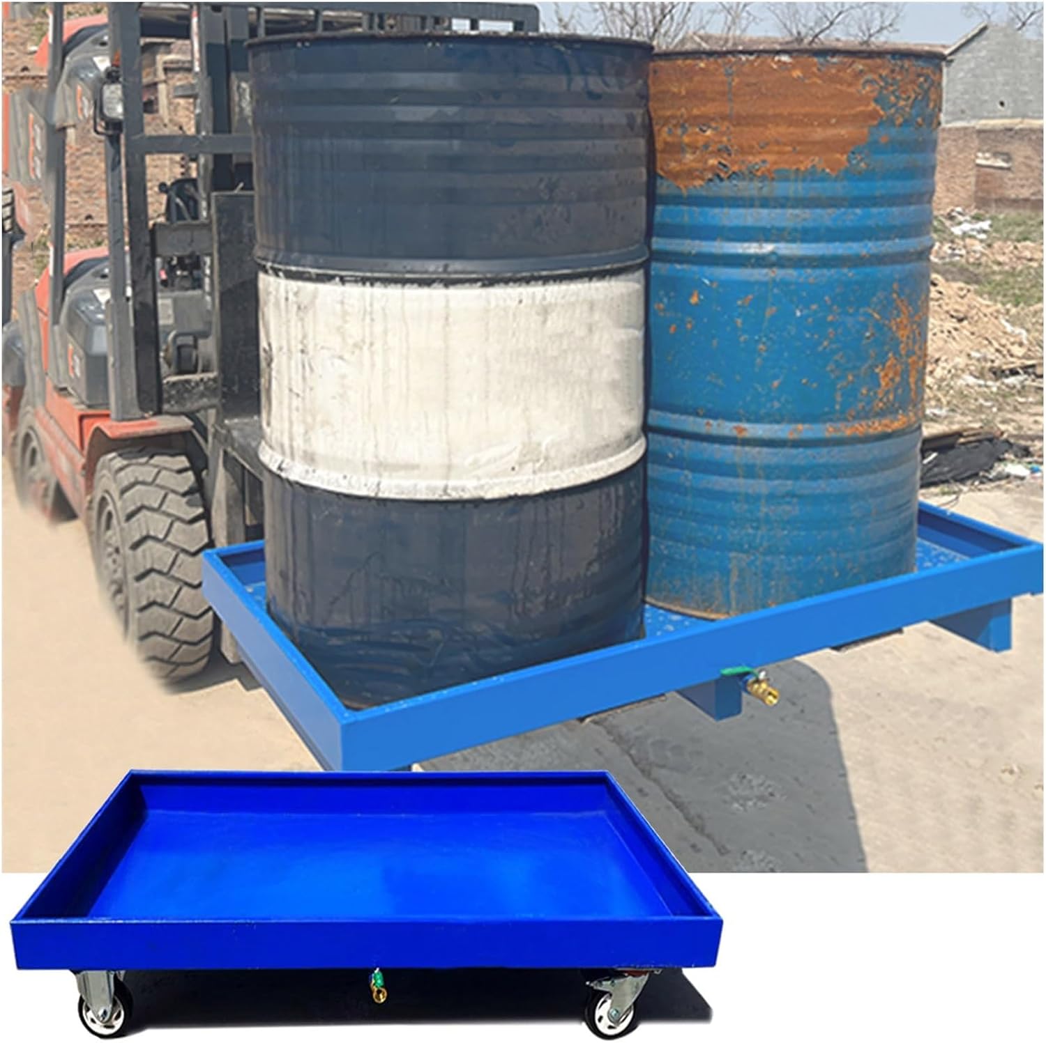 Drum Containment Spill Pallet, Industrial Oil Drums Leak-Proof Metal Tray with Drain, Nestable Anti Slip Storage Platform, High Load Capacity (Color : Blue-1 pcs, Size : 25.6"x25.6"x5.9")