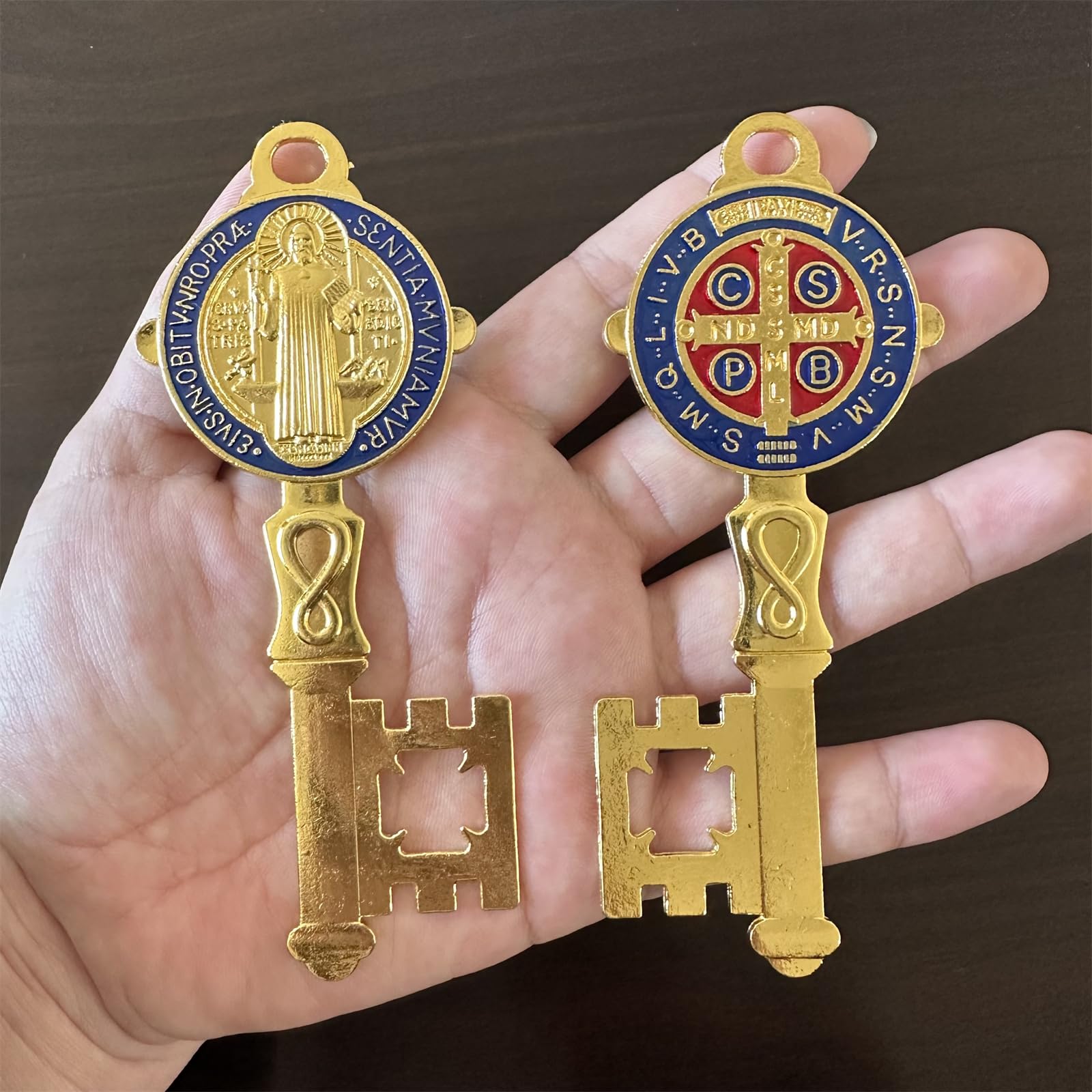 2Pcs/Set Enamel Double Side Saint Benedict 4.9inchX2.9inch Key Blessing For Protection - Medalla de san benito Home and Door hanger - Wall Hanger Catholic Easter Day Gifts - Llave de San Benito Gift