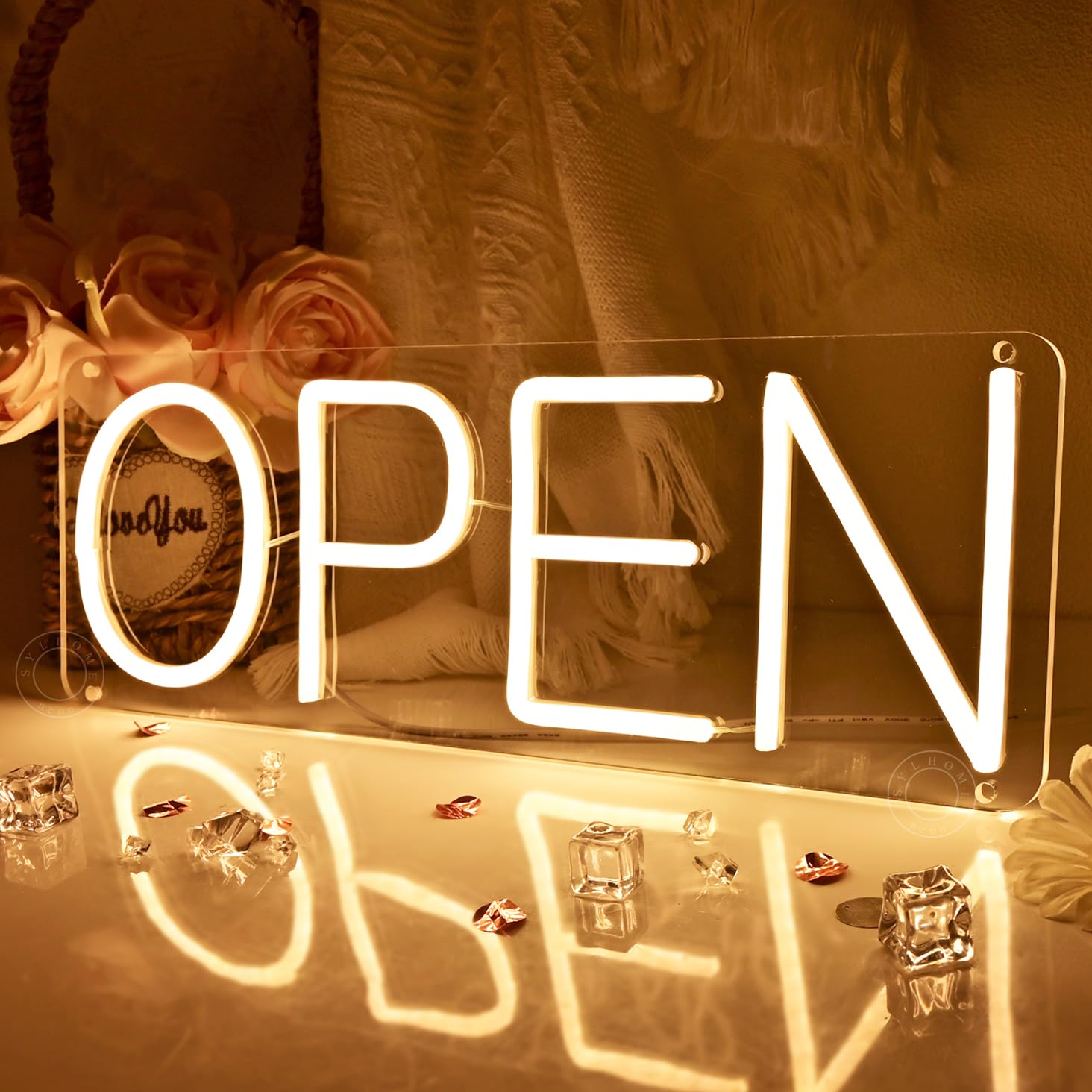 SYLHOME Insegna con luce al neon a LED aperta per ufficio, negozio, bar, pub, finestre, decorazione per salone, hotel, ristorante, porta, decorazione, 40 x 14 cm, USB bianco caldo
