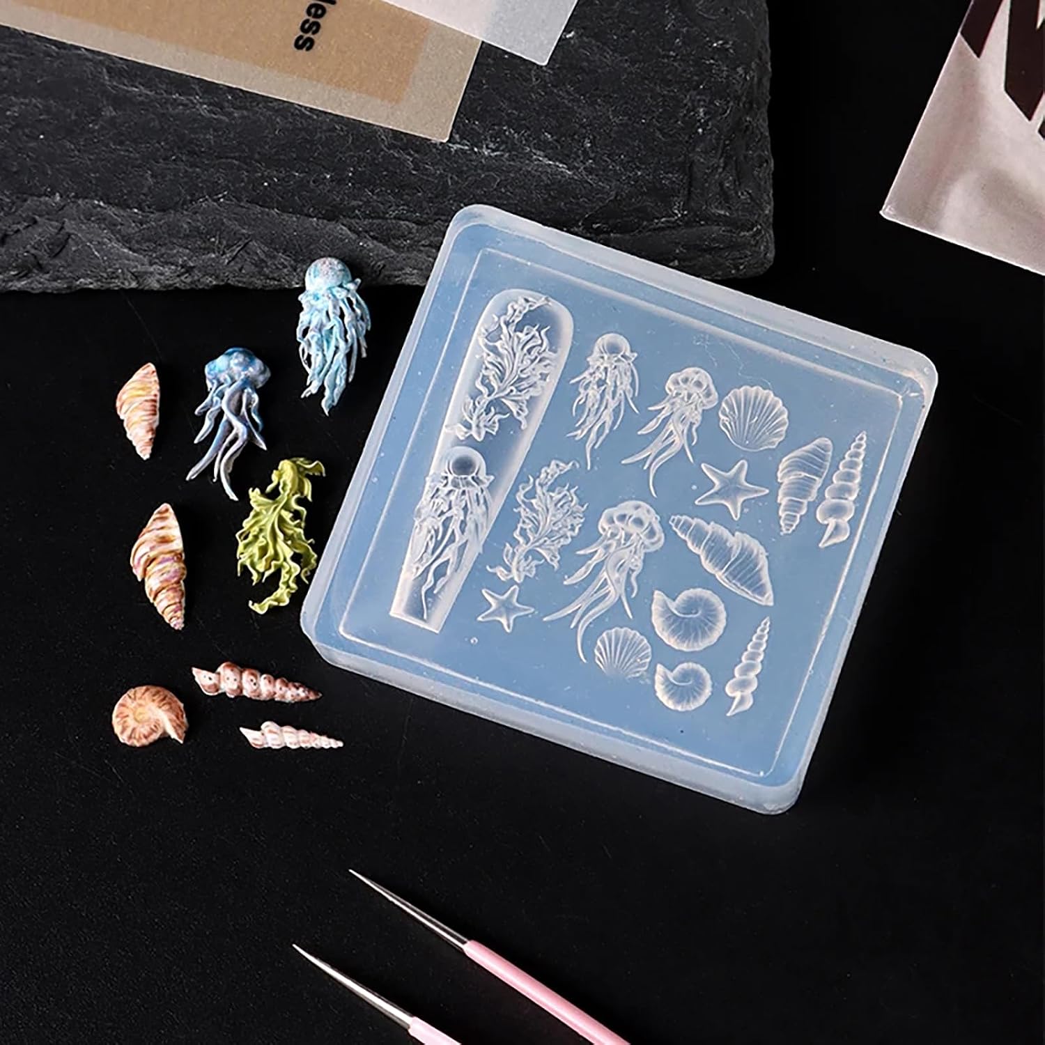 Summer Nail Molds - 3D Marine Life Silicone Nail Art Molds Ocean Nail Charms Mold Jellyfish Conch Starfish Coral Seashell Nails Design Charm Nail Stencils Manicure Carved Mould