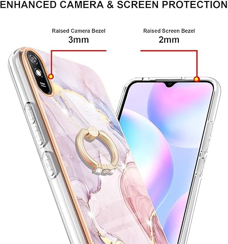 Miniatura 7 de XYX Funda compatible con Xiaomi Redmi 9A, TPU Marble Slim cuerpo completo funda protectora con anillo giratorio 360 Kickstand para Redmi 9A, morado