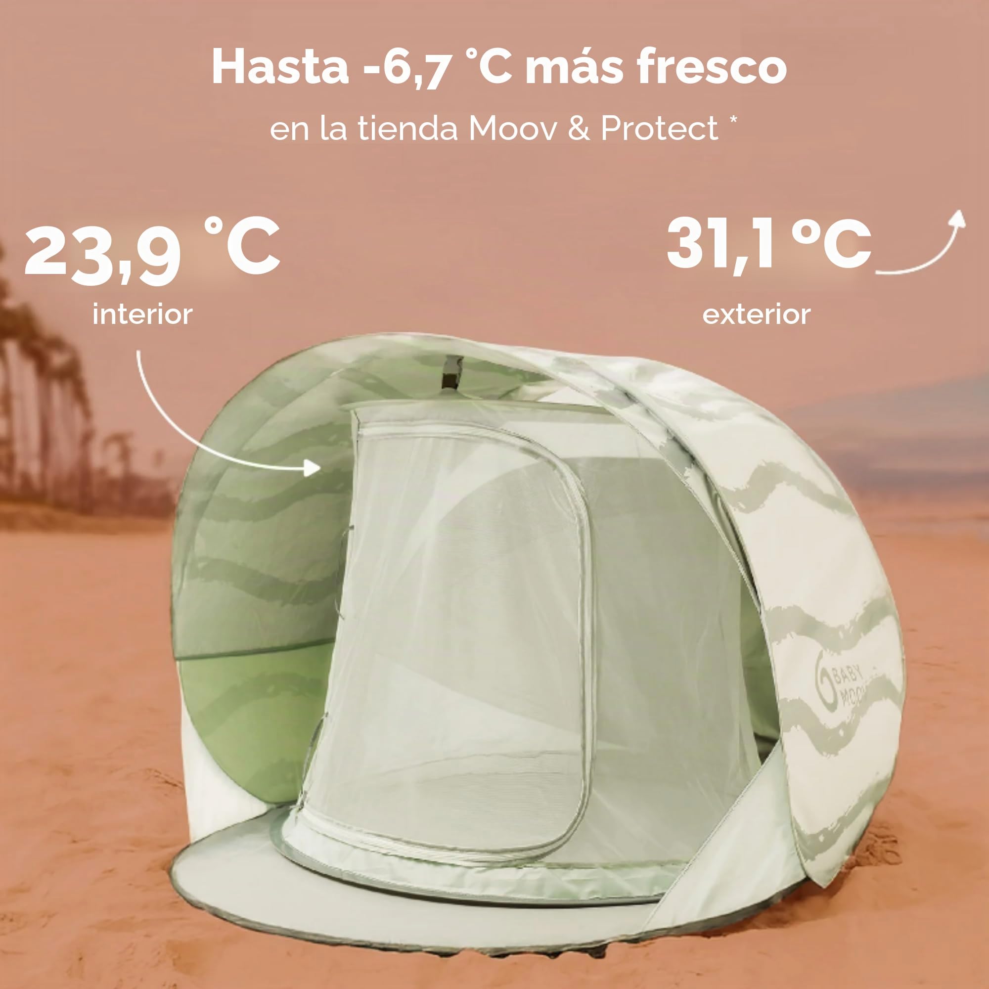 Babymoov Moov & Protect Tienda de campaña de Playa con refrigeración Anti-UV para bebés con mosquitera integrada, portátil, Laguna Verde (edición de Verano 2025)