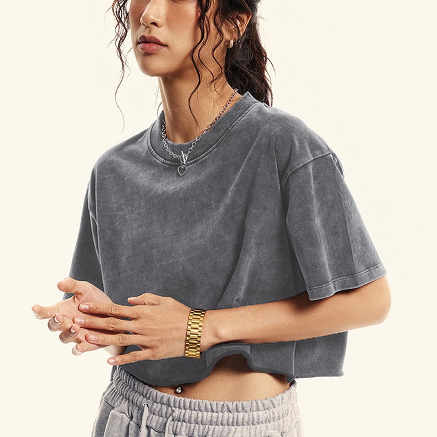 Womens Oversized Vintage T Shirts Casual Cropped Tees Short Sleeve Cotton Acid Wash Tops Summer Grunge Shirts - Image 4