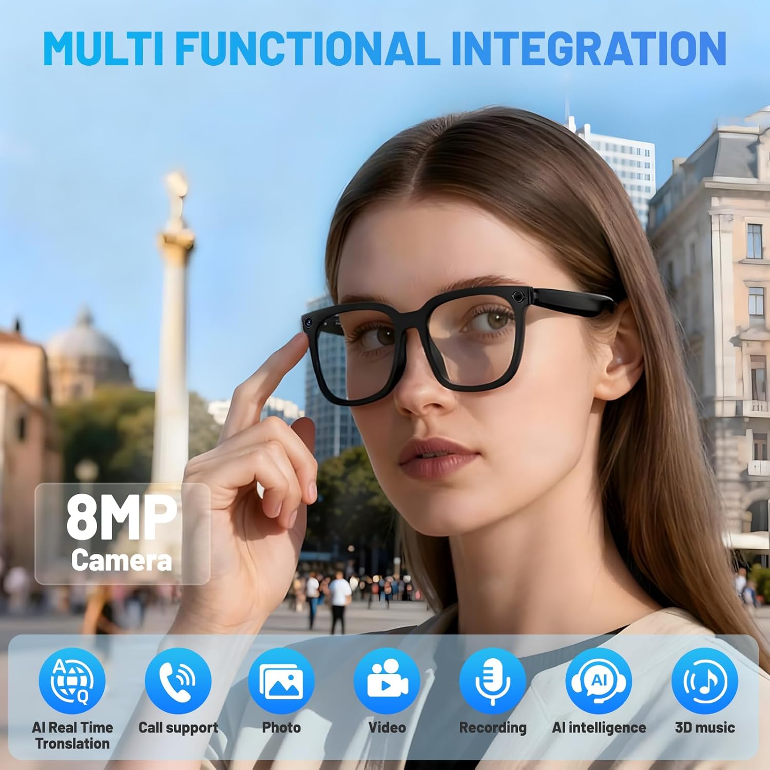 AI Smart Glasses with Camera, Bluetooth Wearable Tech Eyeglasses for Men and Women, Photo Video Recording, Dual-Mic Noise Reduction, Voice Control Long Lightweight Fashion Camera Glasses (M20)