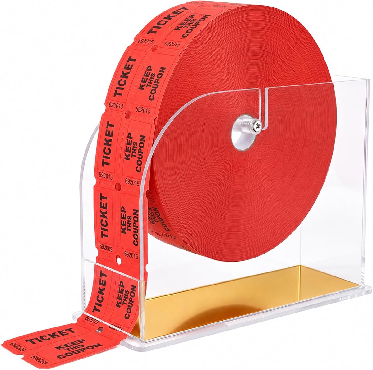 Dispensador de boletos de rifa de acrílico, 7,5x3,1x5,6 pulgadas, soporte para boletos de rifa con espejo dorado para rollo doble, transparente