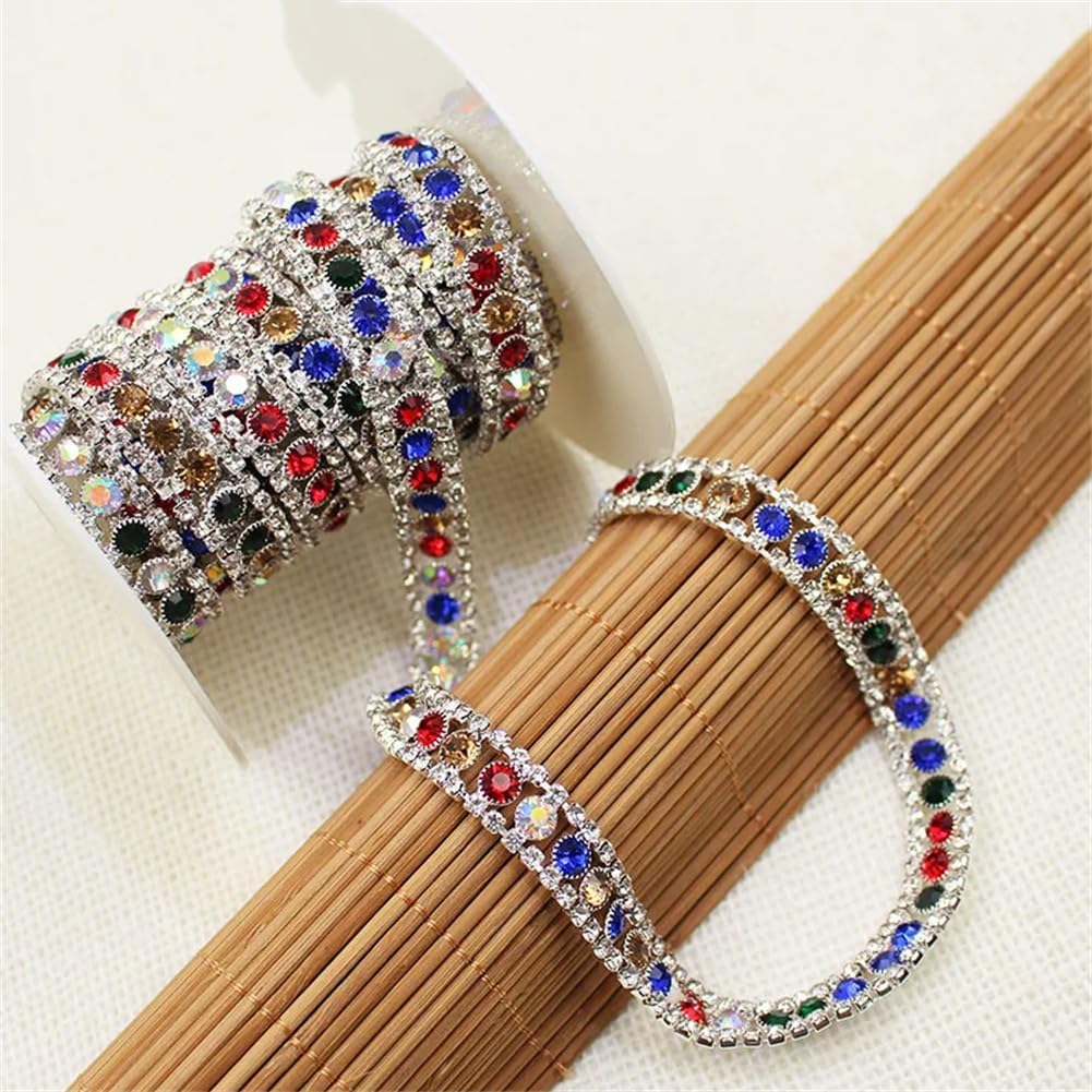 Generic 1/5Yards 1Cm Mixed Color Crystal Metal Chain Decoration Rhinestone Trim for Clothing Shoes Bags Silver Mix Color 1 Yard