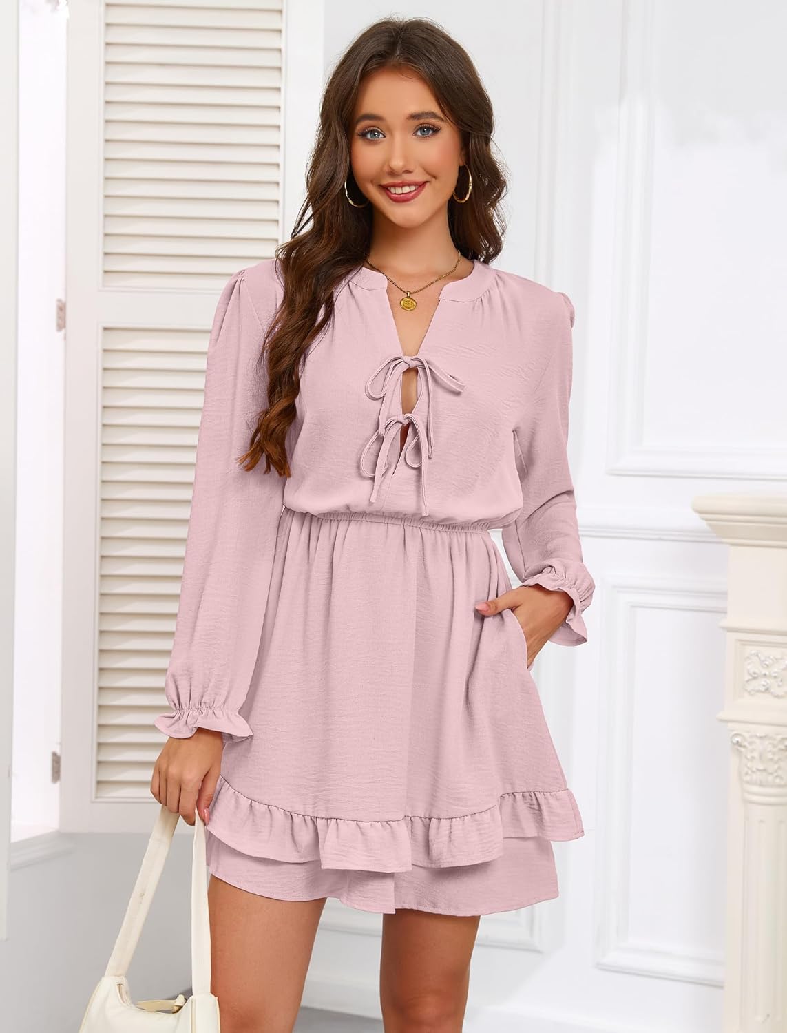 Angashion Womens Tie Front Mini Dress: V Neck Long Sleeve Layer Ruffle Hem Dress with Pockets