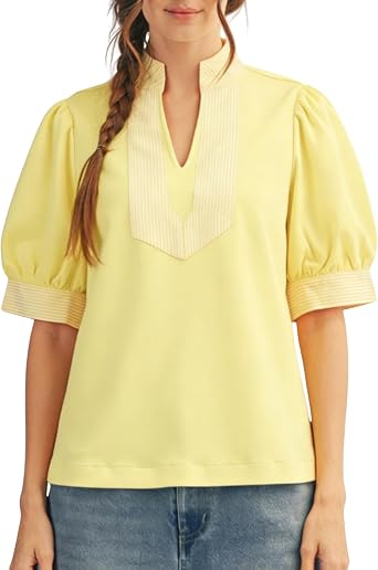 InterNos Womens Puff Sleeve Blouse V Neck Short Sleeve Tee Shirts Stripe Contrast Accent Loose Fit Top