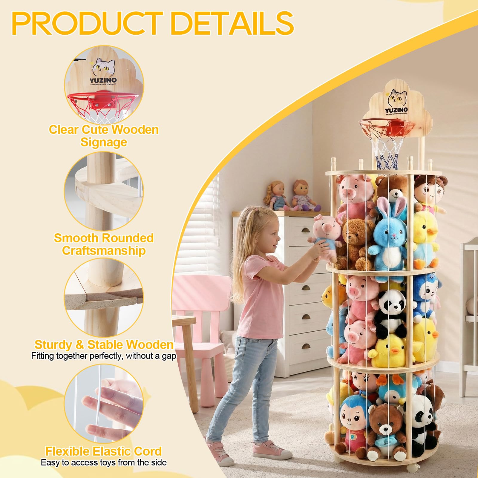 Caja de almacenamiento de 3 niveles para juguetes de peluche de madera con ruedas y canasta de baloncesto, 175 cm, gran soporte para juguetes de peluche con cuerdas elásticas para habitación