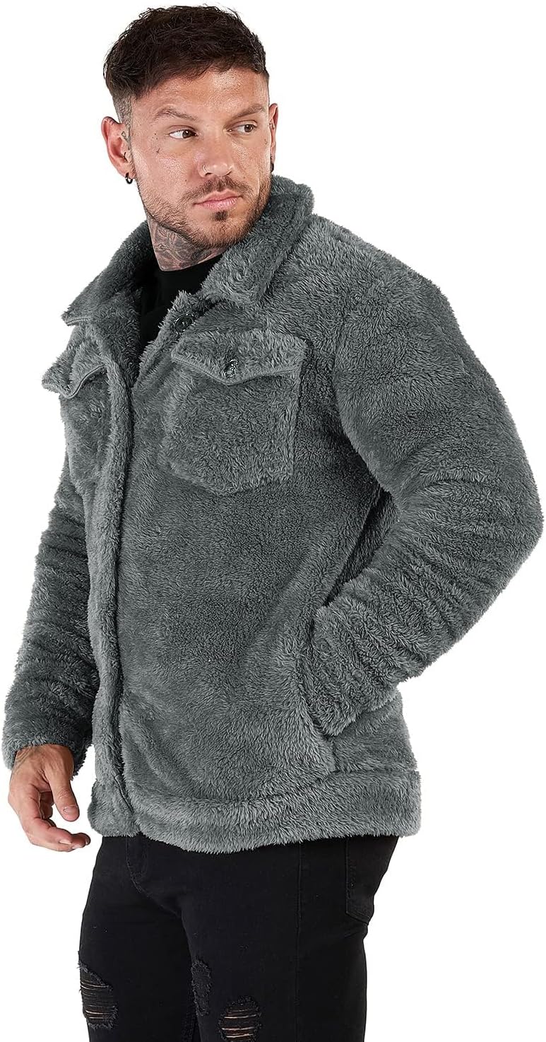 GINGTTO Mens Furry Button-Up Jacket 4 Pockets Fluffy Coat For Men - Image 8