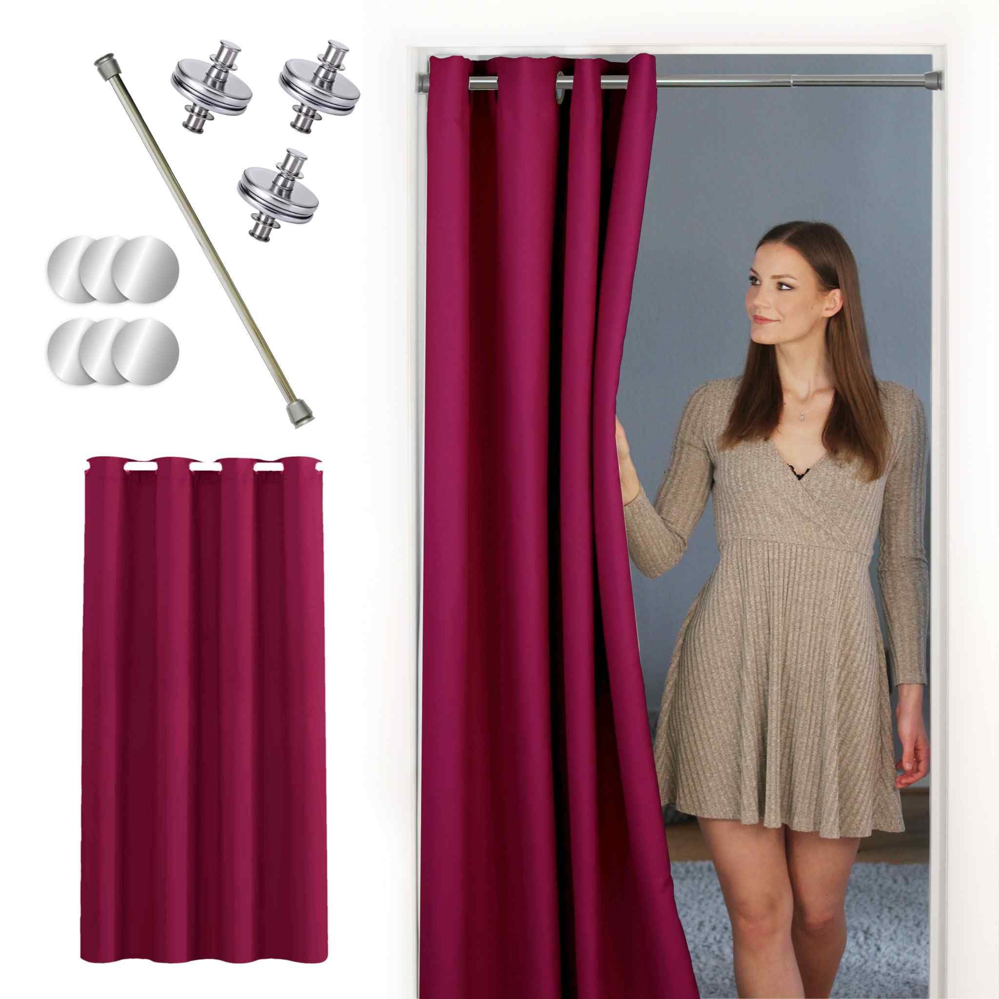 tinycurtains Türvorhang mit Vorhangstange & Magneten zum Abdichten, einfache Montage in nur 1 Minute ohne Bohren mit Silber Stange + 6 Magnete