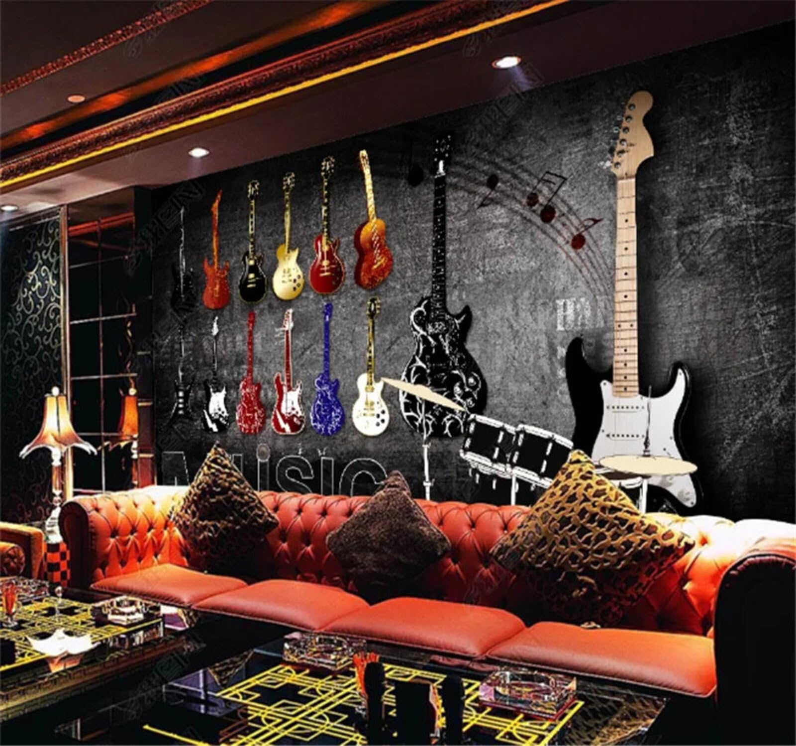XLMING Nostalgico Musica Rock Colorato Strumenti Musicali Chitarra 3D Carta Da Parati Lusso Casa Soggiorno Divano Mobili Floreale Camera Letto TV Sfondo Muro-250cm×170cm