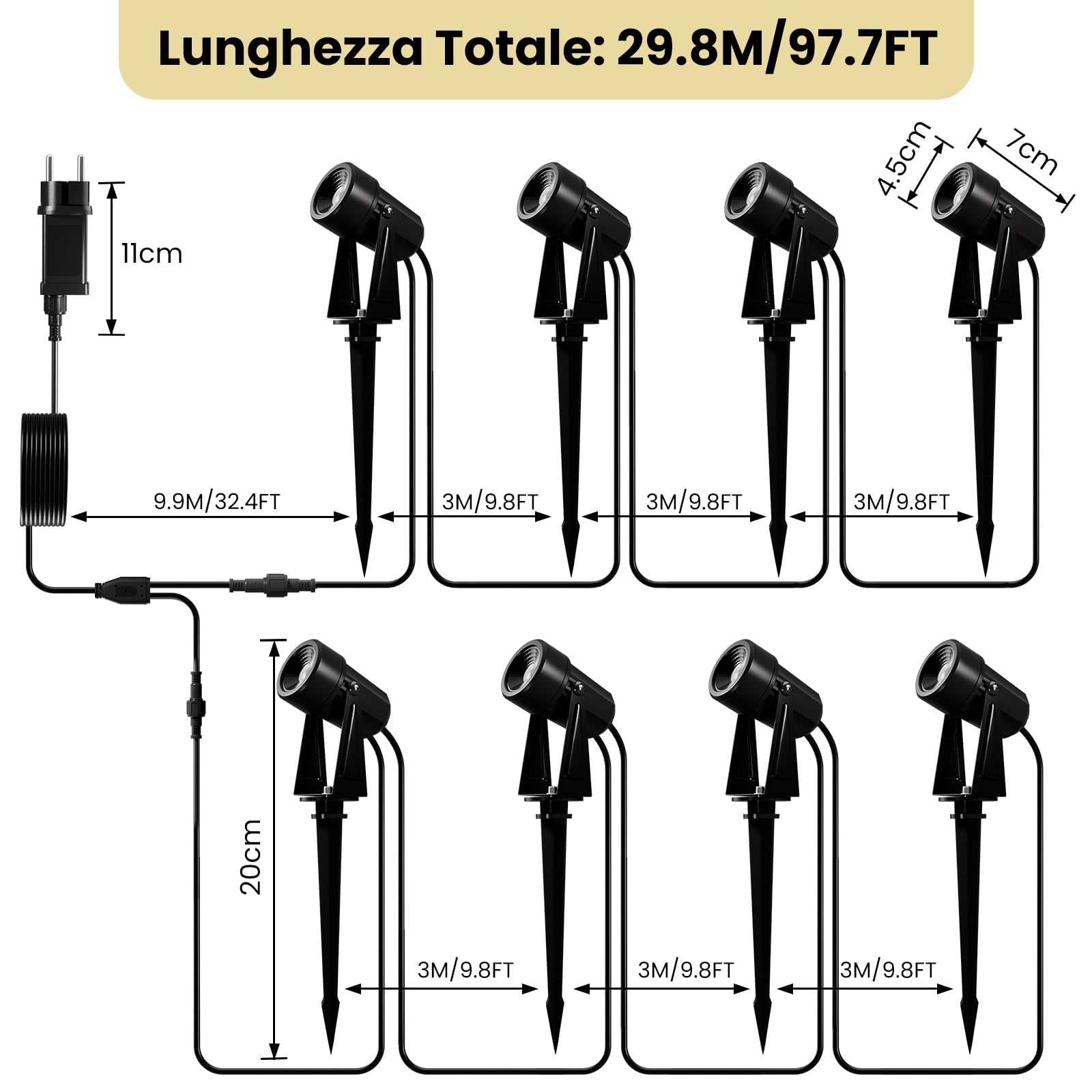 Yuusei Faretti da Esterno Set di 8/29.8M, Bianco Caldo 3000K Faretto LED, IP65 Impermeabile Applique per Giardino Esterno Patio Alberi Prato