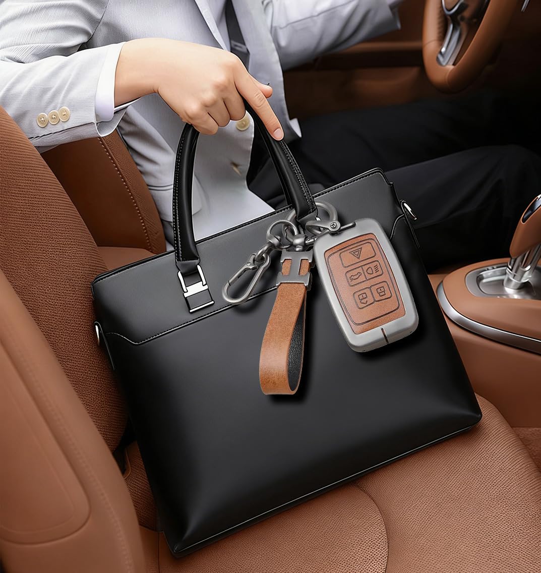 Brązowy pokrowiec na kluczyki samochodowe kompatybilny z Land Range Rover Evoque Sport Velar Jaguar XF XJ XJL F-pace XE E-Pace Discovery LR4 Vogue 5-przyciskowy inteligentny brelok kluczy, etui na