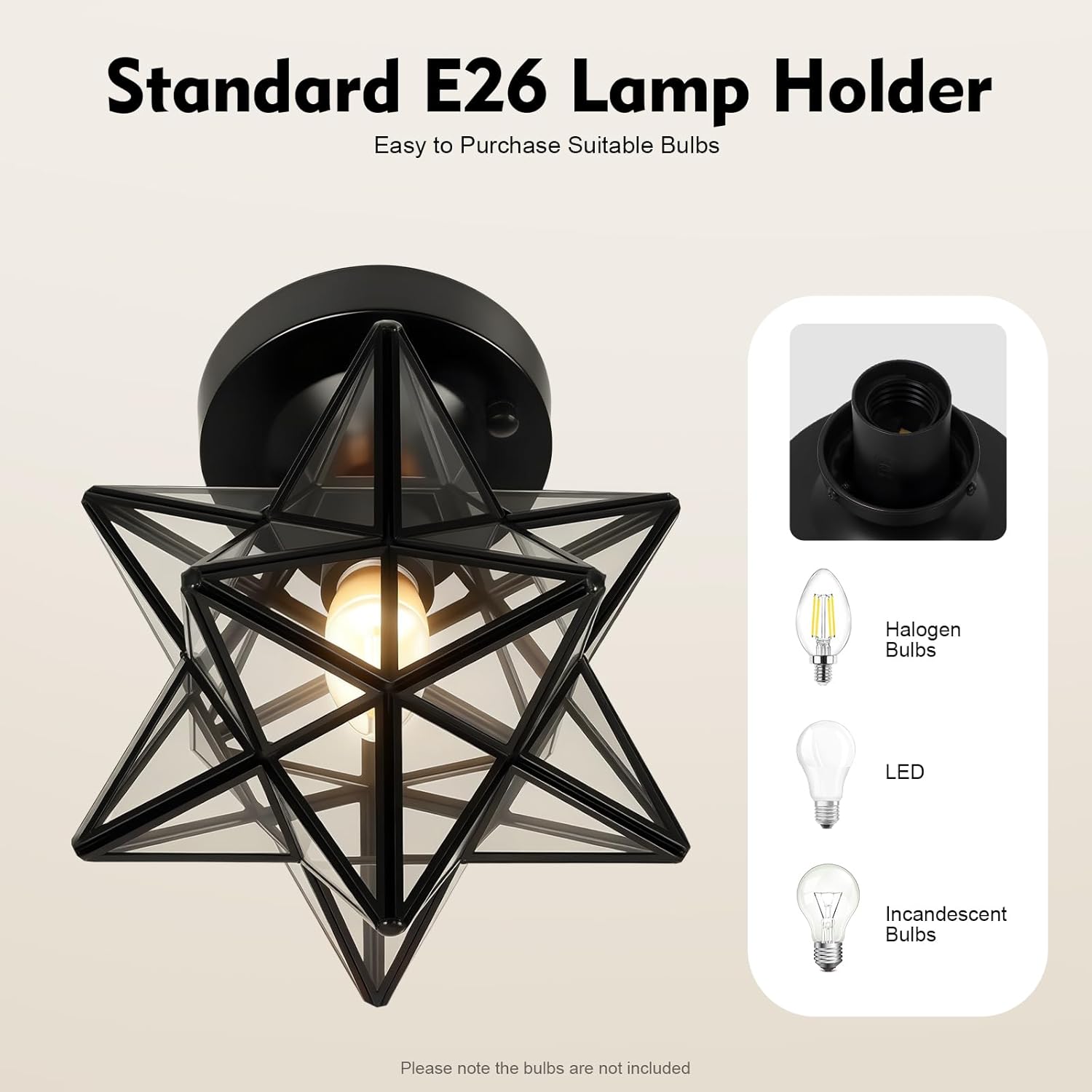 Outdoor Moravian Star Light, Flush Mount Ceiling Light Fixture with Clear Glass Shade Black Metal Finish for Entryway, Hallway, Bedroom, Kitchen Art Deco Lights