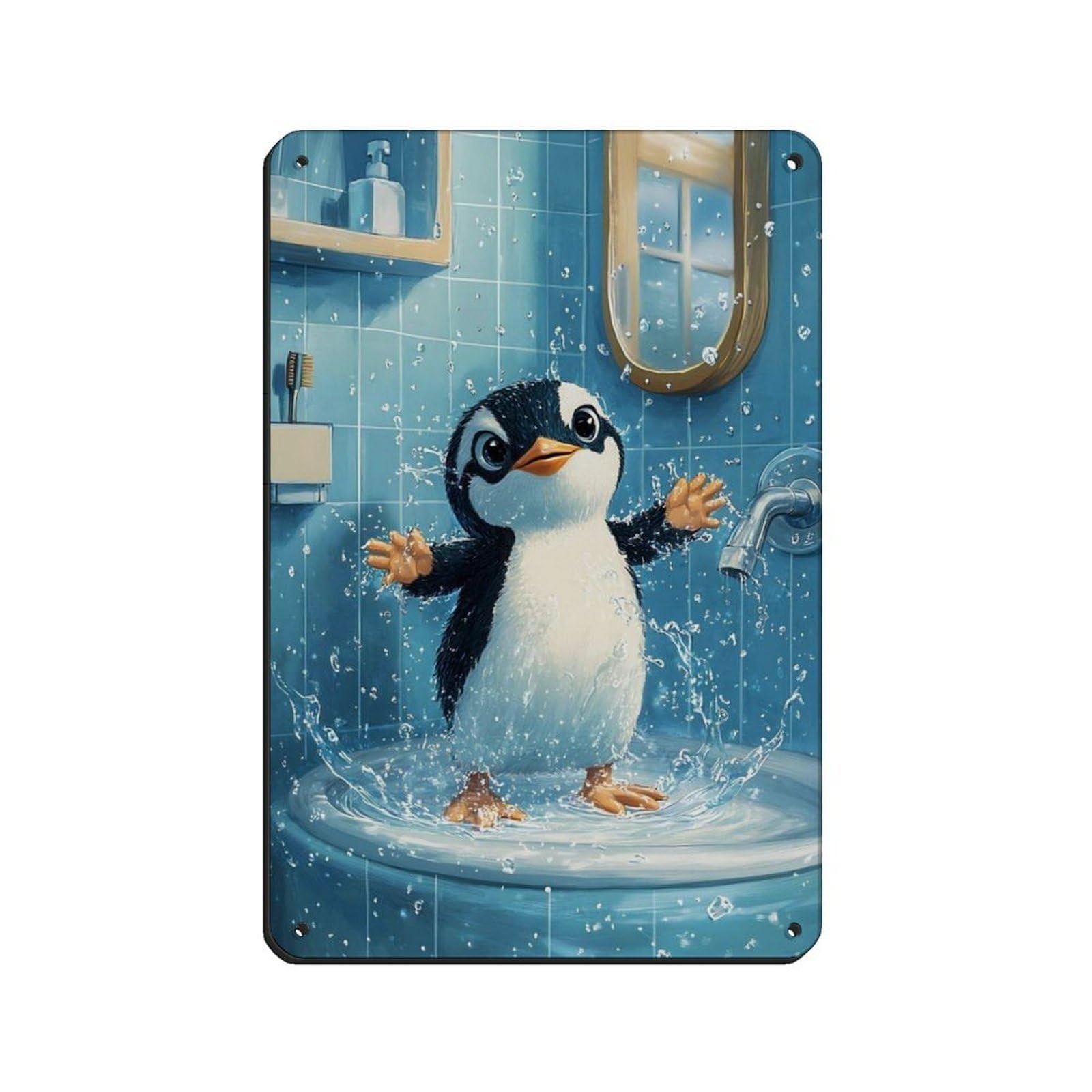 Cute Penguin Splashing in Bathtub Tin Sign Vintage Metal Pub Club Cafe Bar Home Wall Art Decoration Poster Retro 8x12inch(20x30cm)