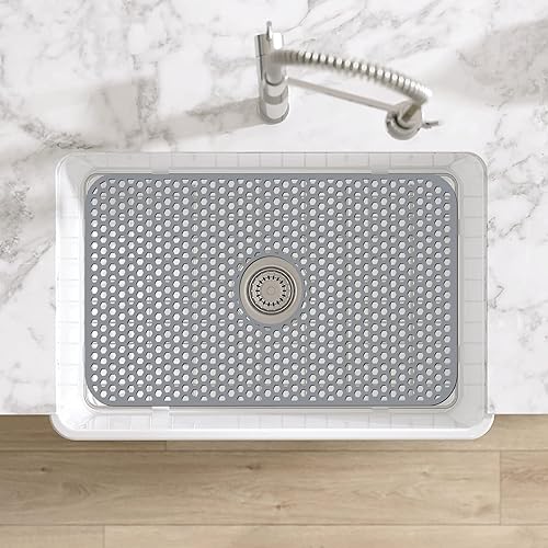 Miniatura 85 de Paquete de 2 tapetes de silicona para fregadero de 13.58 x 11.6 pulgadas, protectores para fregadero de cocina con drenaje central, rejilla Gris
